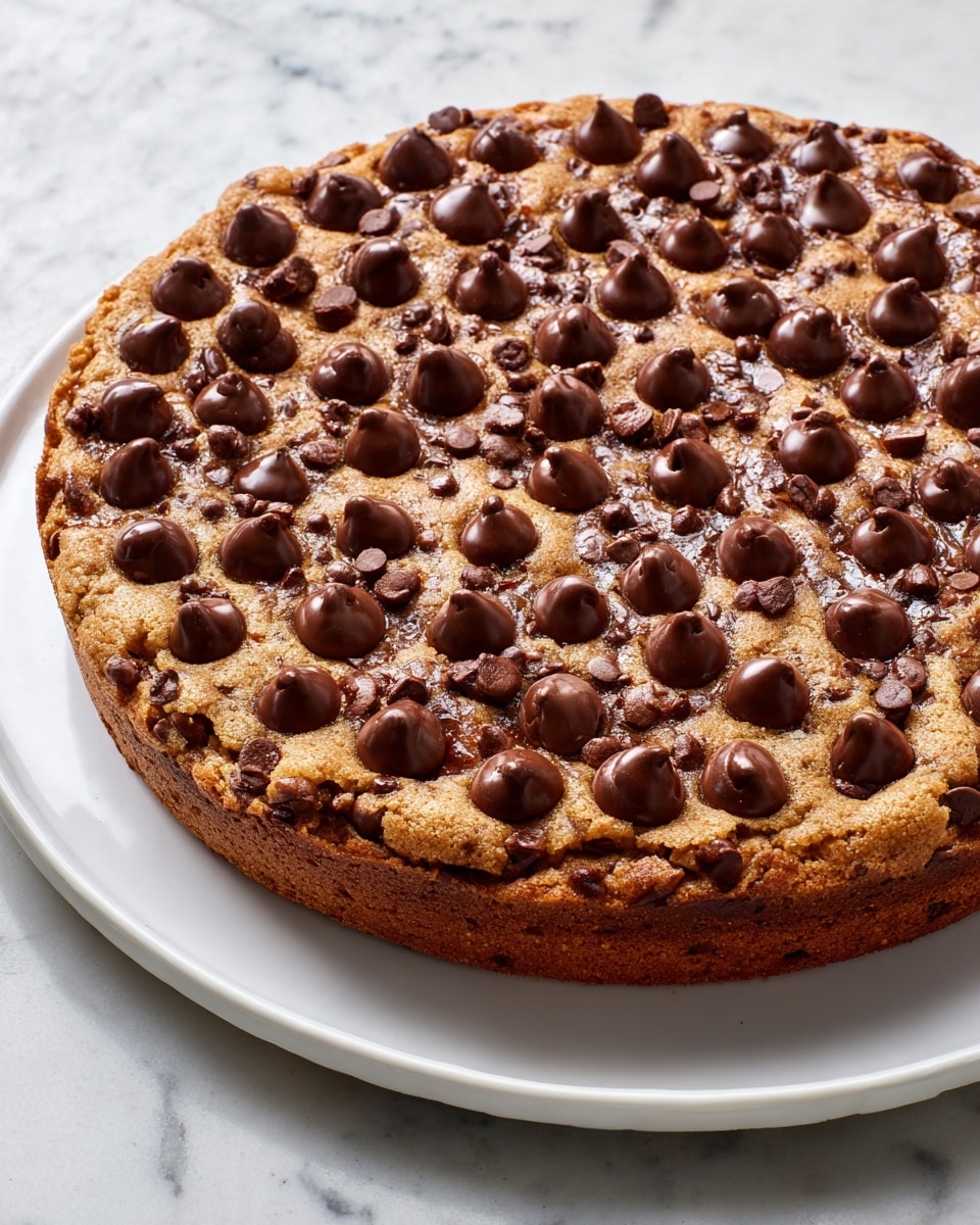 A large round chocolate chip cookie sits on a white marble surface, baked in a black round pan. The cookie has a thick golden brown base with many dark chocolate chips scattered evenly across the top, some melted slightly into the warm dough. The edges are a bit darker and crisp, while the middle looks soft and chewy. Around the pan, there are small bowls filled with extra chocolate chips and some white marbled space visible. photo taken with an iphone --ar 4:5 --v 7