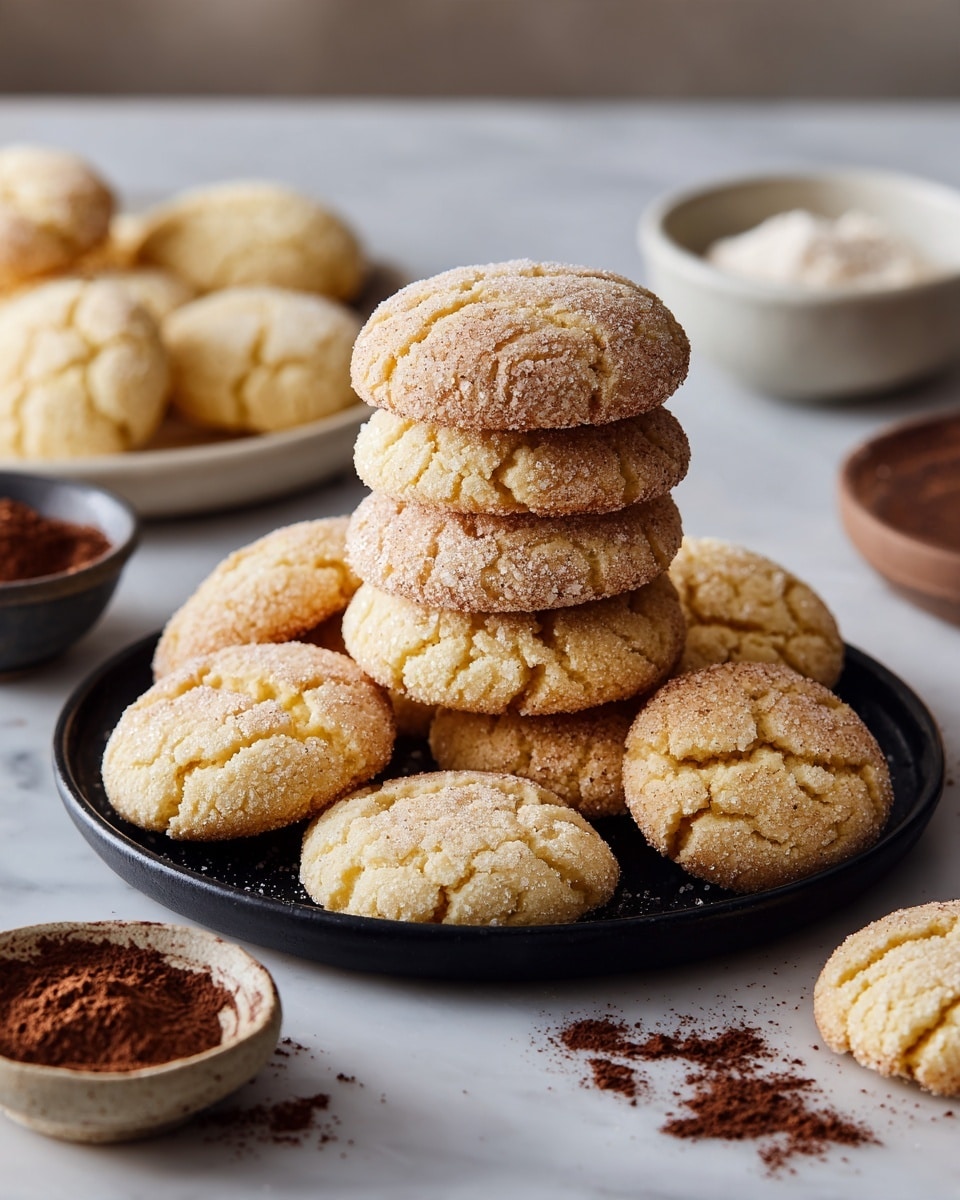 A dark plate is filled with about ten round cookies that are light golden with a cracked sugar topping, showing a slightly rough texture on the surface. The cookies are softly stacked and overlap each other slightly, creating a layered look. Around the plate, there are other cookies laying on a white marbled surface, along with small bowls containing powdered sugar and cocoa powder, adding a soft contrast to the scene. The lighting is natural and bright, highlighting the sugar crystals and the warm tones of the cookies. photo taken with an iphone --ar 4:5 --v 7