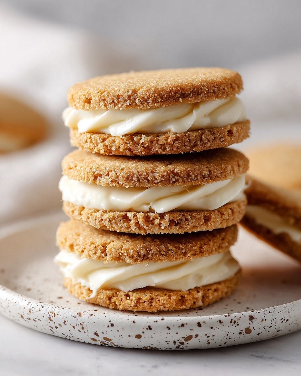 A stack of four sandwich cookies sits on a white plate with brown speckles, placed on a white marbled texture. Each cookie has two round, golden-brown biscuit layers with a slightly rough edge and a smooth, creamy light beige filling sandwiched in the middle. The top biscuit is flat and slightly crumbly, showing subtle texture and crumbs. One cookie lies on its side next to the stack, clearly showing the thick filling layer between the two biscuit layers. photo taken with an iphone --ar 4:5 --v 7