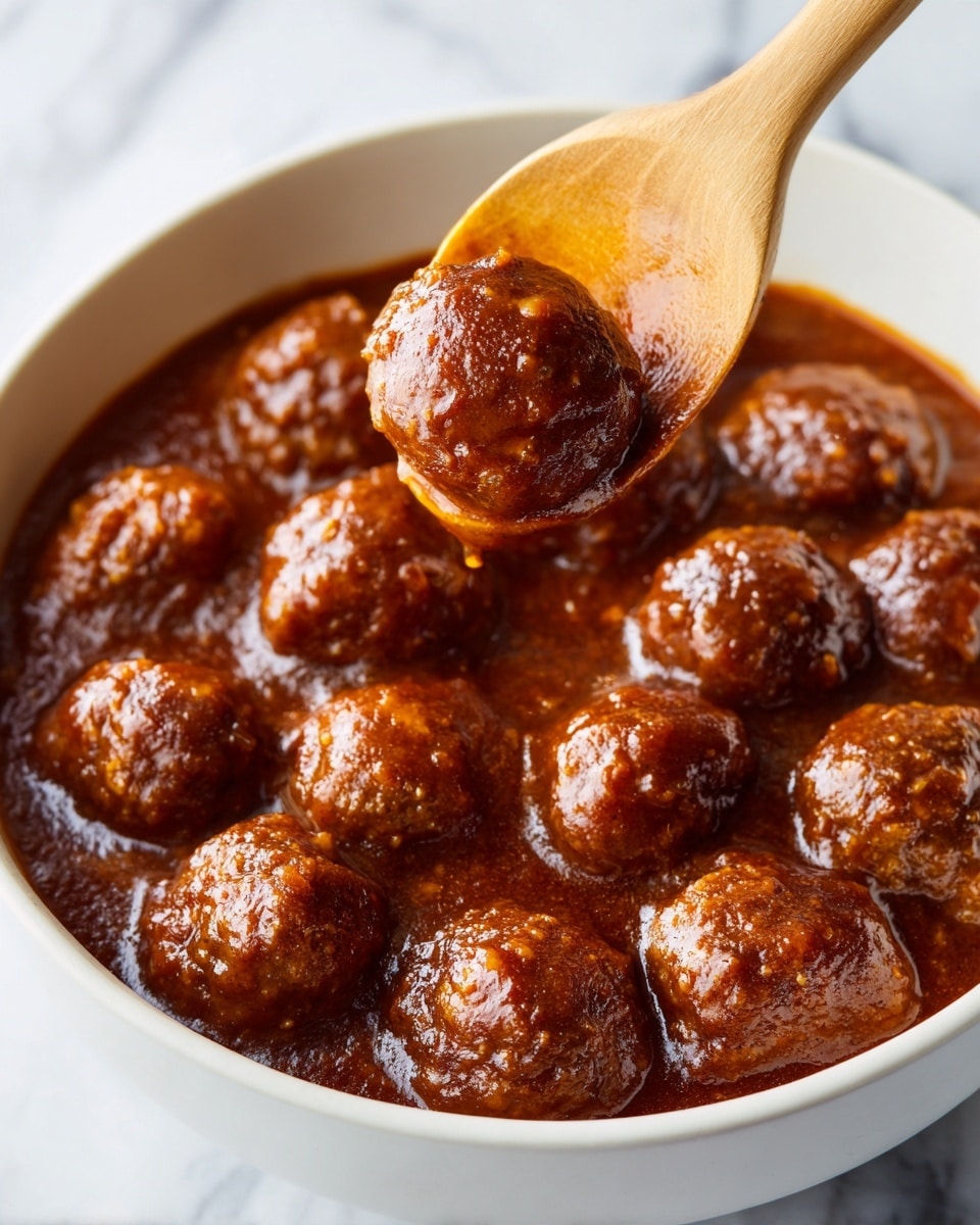The image shows many small, round meatballs covered in a thick, shiny brown sauce inside a white bowl. A wooden spoon is lifting one meatball out of the sauce, which looks smooth and glossy. The meatballs have a slightly rough texture with a clear coating of sauce that makes them look moist and soft. The background has a white marbled texture. Photo taken with an iphone --ar 4:5 --v 7