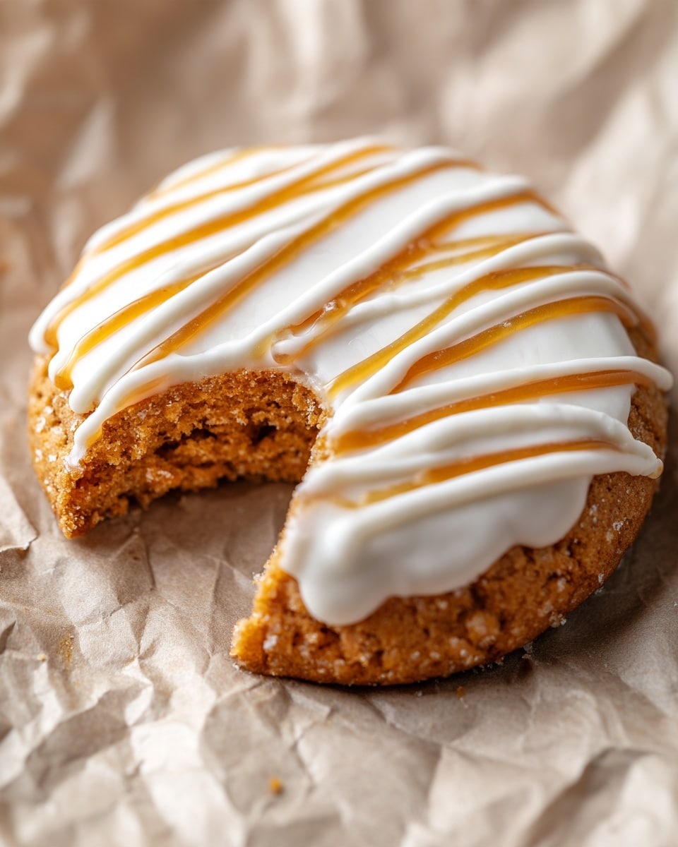 The image shows one large cookie with a light golden brown color, topped with a smooth white icing layer. On top of the icing, there are thin lines of caramel-colored drizzle in a neat row, adding a shiny texture. The cookie's surface looks soft and slightly crumbly, and the icing has a glossy appearance. The background is a white marbled texture with the cookie placed directly on it. Photo taken with an iphone --ar 4:5 --v 7