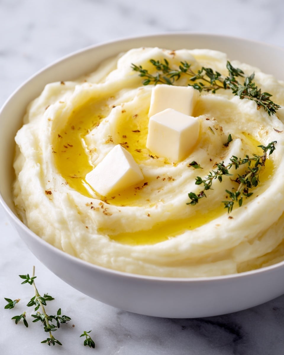 A white bowl filled with smooth, creamy mashed potatoes that have a light, fluffy texture. The mashed potatoes are swirled to show soft peaks and valleys in the top layer, where three small, light yellow butter pats are placed, beginning to melt and creating a glossy shine. Fresh green sprigs of herbs, likely thyme, are scattered on top and around the butter pats, adding small bursts of color. The bowl rests on a white marbled surface. Photo taken with an iphone --ar 4:5 --v 7
