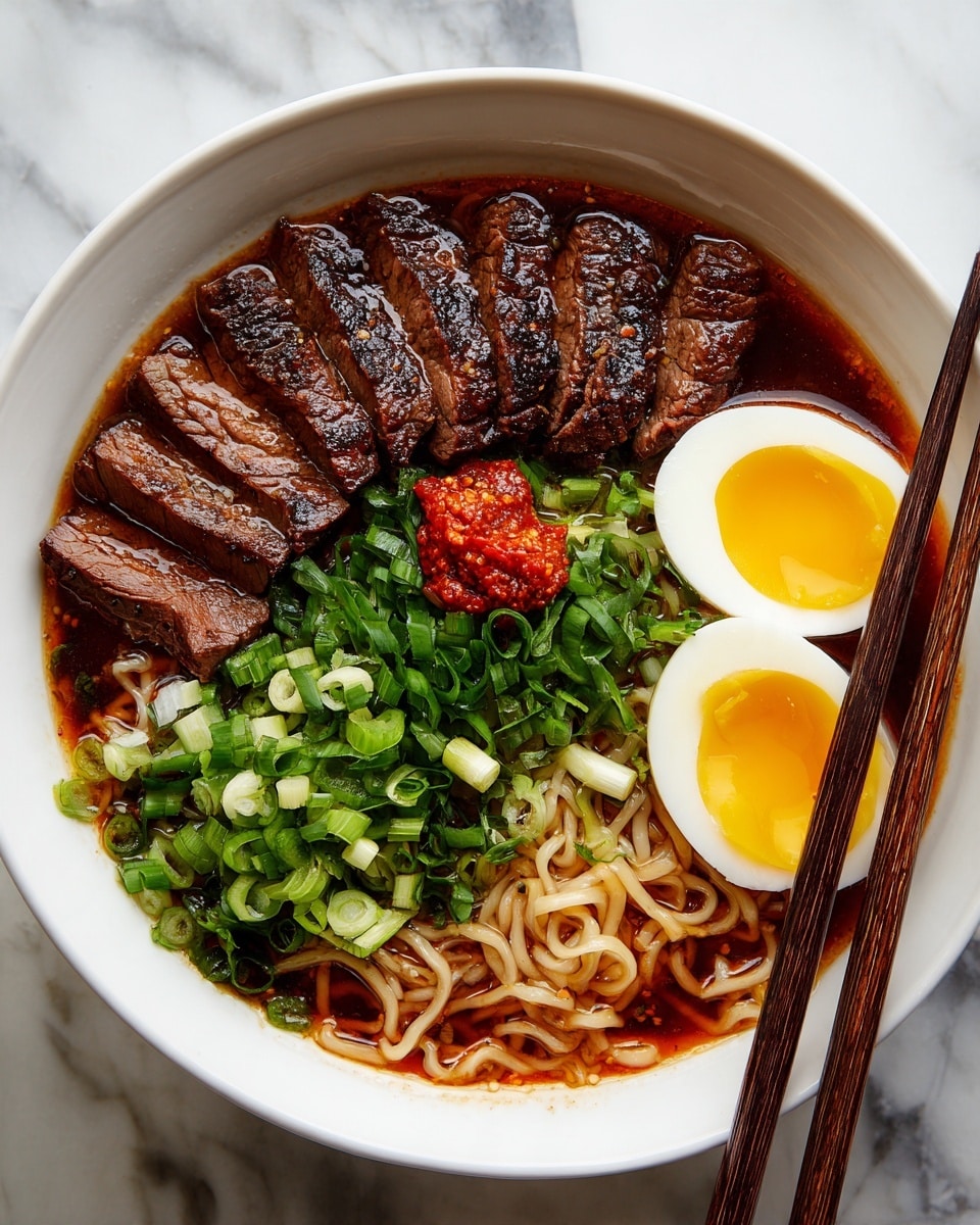 A white bowl filled with ramen noodles soaked in a dark brown broth forms the bottom layer, with thick slices of grilled beef placed neatly on one side. In the center, there is a pile of finely chopped green onions adding a fresh green color. Next to the beef and green onions, two halves of a soft-boiled egg with bright yellow yolks that look slightly runny sit on top. A small dollop of red chili paste is placed near the green onions. A pair of brown wooden chopsticks rests on the bowl’s edge above the noodles. The bowl sits on a white marbled surface. photo taken with an iphone --ar 4:5 --v 7