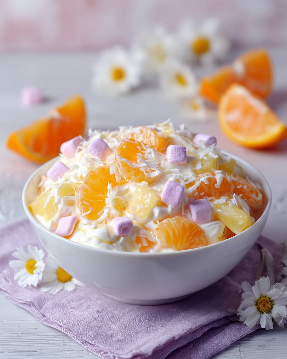 The image shows a white bowl filled with a creamy fruit salad with many layers. The bottom layer is a mix of soft, fluffy cream that holds everything together. On top of this, there are small, peeled orange segments that add bright orange color and juicy texture. Scattered through the cream are light yellow jelly-like cubes and a few small, light purple marshmallows that add softness and a touch of pale color. Finely shredded white coconut is sprinkled over the salad, giving it a light, snowy look. The bowl is placed on a white marbled surface with a soft purple cloth beside it, and there are white daisies and an orange slice blurred in the background. Photo taken with an iphone --ar 4:5 --v 7