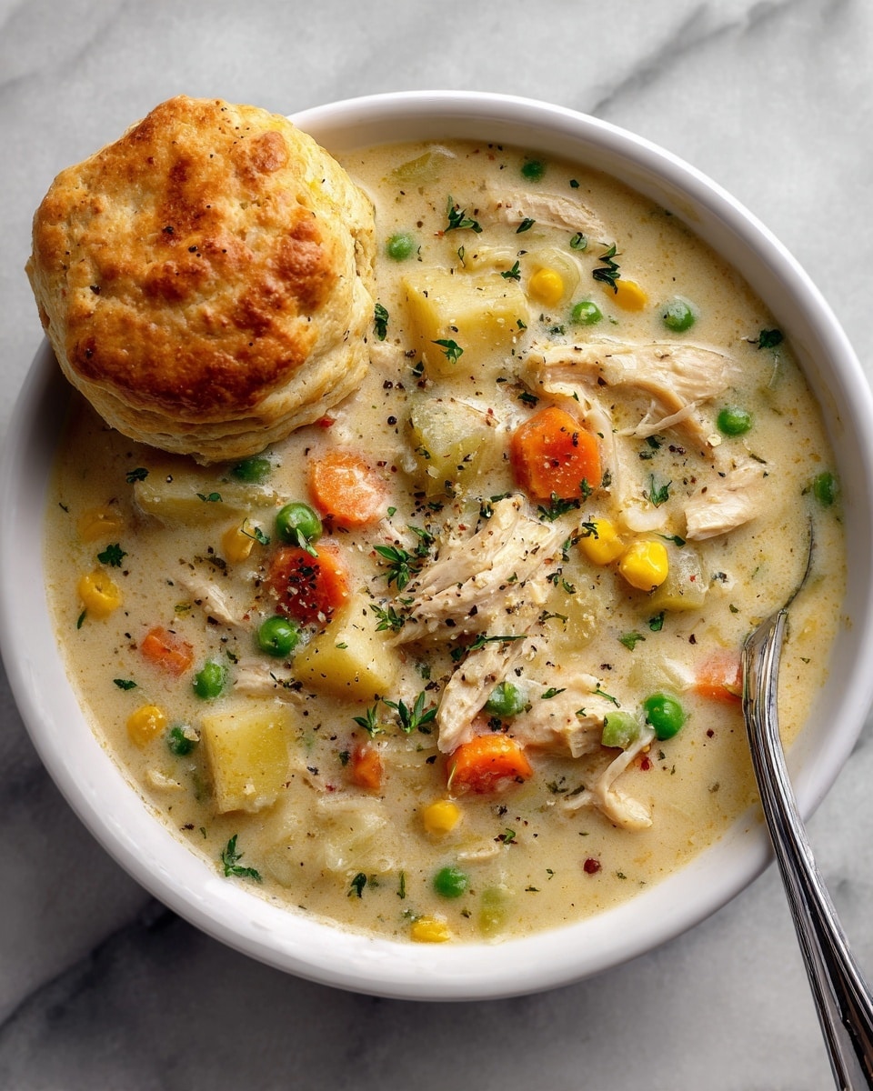 The image shows a white bowl filled with creamy chicken pot pie soup, layered with chunks of orange carrots, green peas, yellow corn, and bits of white chicken throughout the thick, pale yellow broth. A golden brown biscuit rests on top on one side, slightly submerged in the soup. The soup is garnished with a sprinkle of finely chopped green herbs and sprinkled black pepper. A metal spoon is partially placed inside the bowl on the right side. The bowl sits on a white marbled textured surface. Photo taken with an iphone --ar 4:5 --v 7