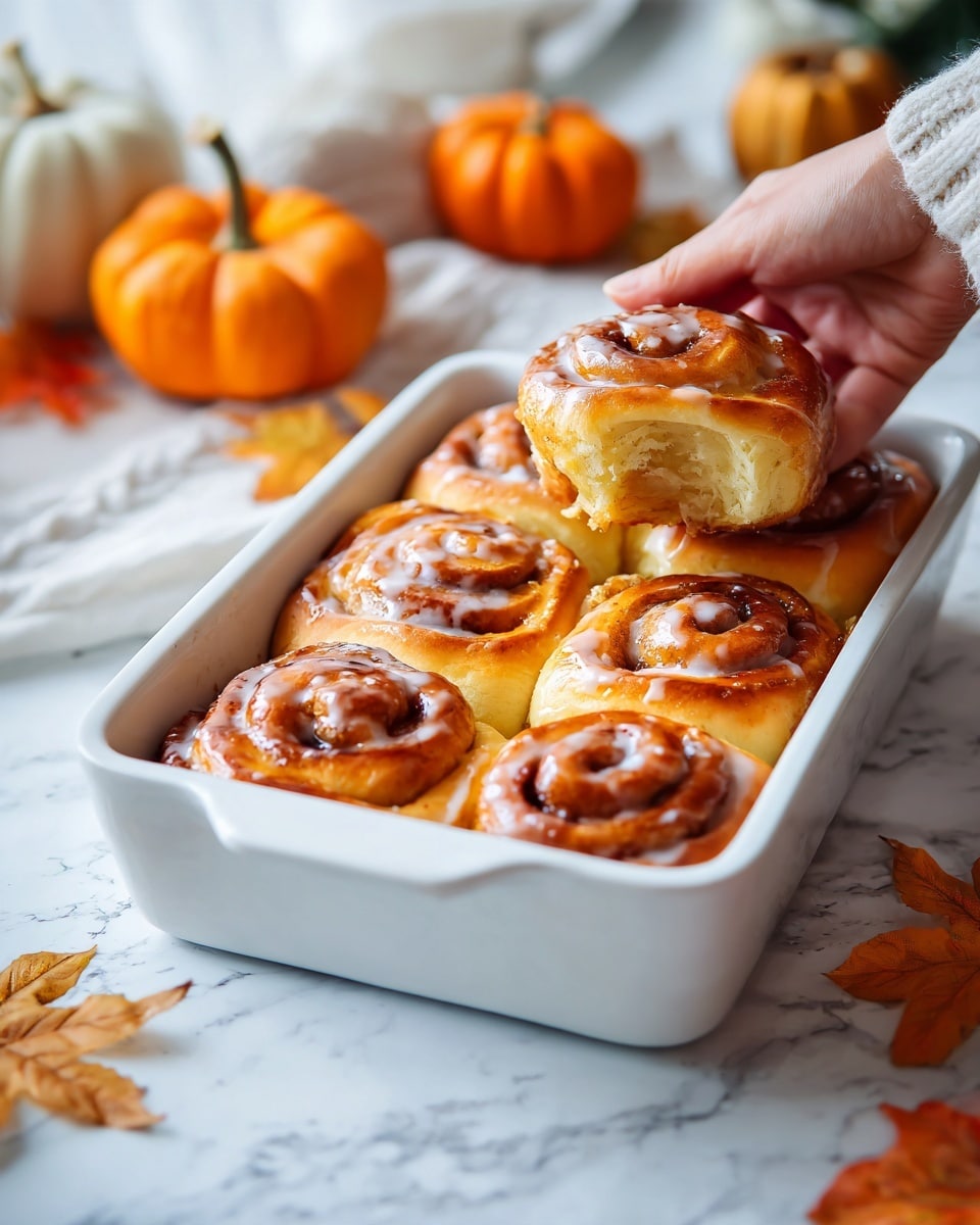 The image shows a close-up of a white baking dish filled with golden-brown cinnamon rolls, each with a visible swirl of cinnamon filling and a slightly glossy, baked texture. A woman's hand is gently lifting one cinnamon roll from the center, highlighting the soft, fluffy layers inside. In the background, there are small decorative pumpkins and autumn leaves, adding a warm, cozy feel to the scene. The whole setup is on a white marbled surface. photo taken with an iphone --ar 4:5 --v 7