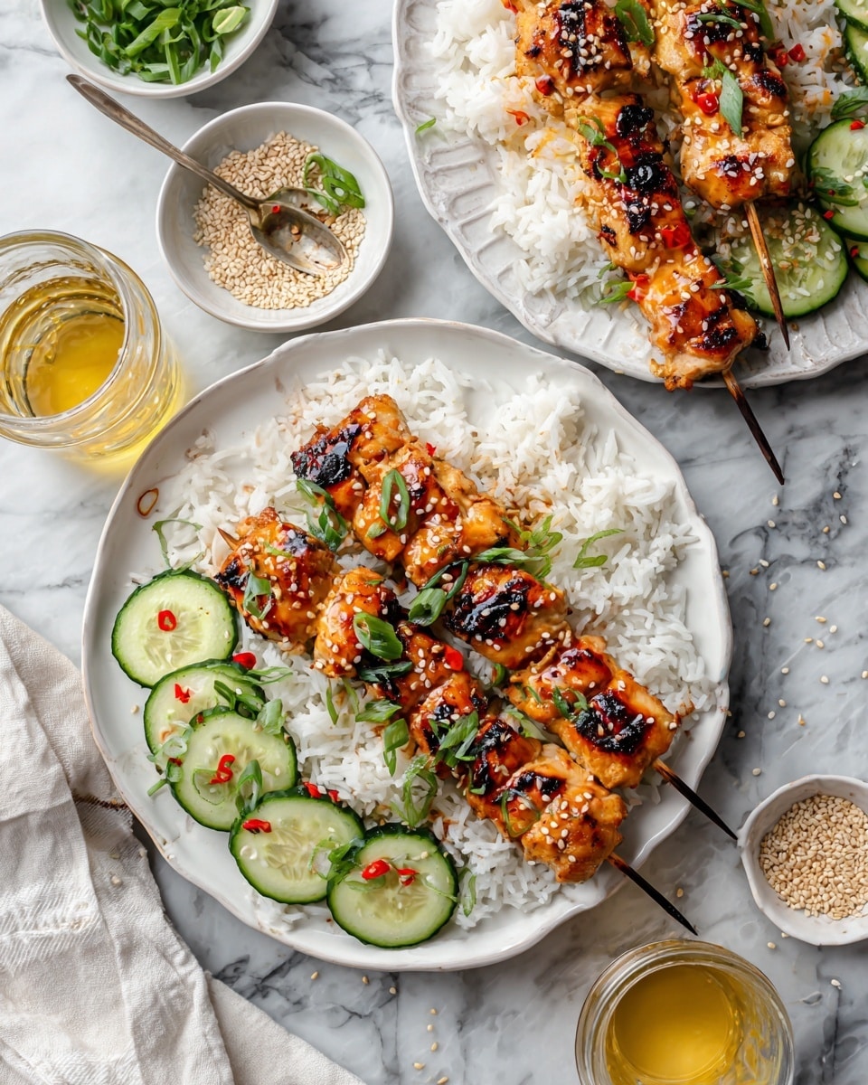 The image shows a white round plate on a white marbled surface, with two grilled chicken skewers placed diagonally on the plate. Under the skewers, there is a layer of white rice, and to the right side of the skewers, a layer of thinly sliced cucumber rounds sprinkled with red flakes sits slightly overlapping the rice. The chicken pieces are golden brown with a glaze, some charred bits, and topped with small green onion slices and sesame seeds. Surrounding the main plate are other white round plates and small white bowls containing green onions, sesame seeds, and a light-colored sauce. Photo taken with an iphone --ar 4:5 --v 7