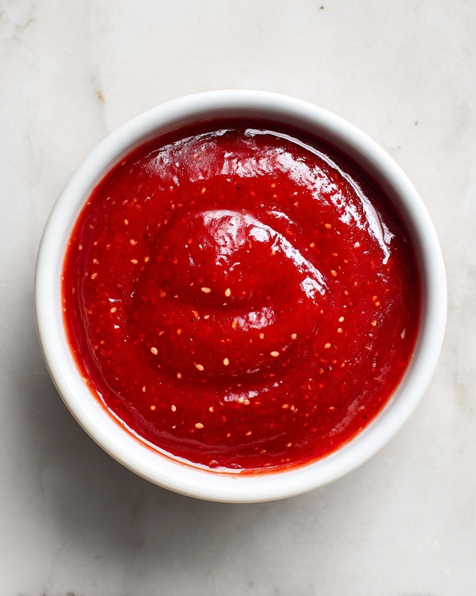 A close-up top view of a small white bowl filled with a smooth, thick, bright red sauce that has a slightly glossy surface and tiny specks throughout, sitting on a white marbled texture background. The sauce looks freshly made and evenly spread inside the bowl with soft peaks and gentle waves on the surface. Photo taken with an iphone --ar 4:5 --v 7