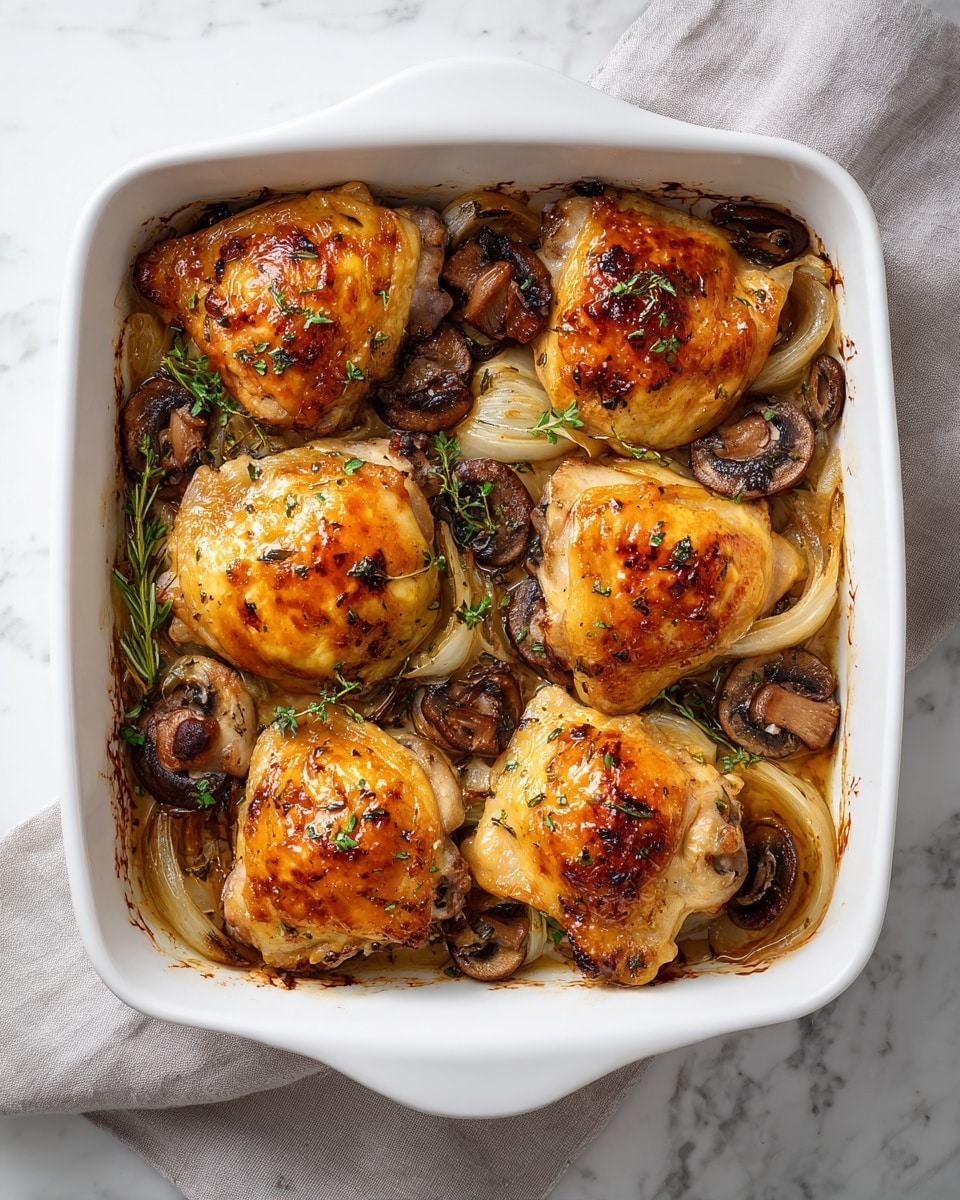 A white baking dish filled with five golden-brown roasted chicken thighs placed on top of a layer of caramelized onions and sliced mushrooms, with the chicken skin crisp and slightly glossy, showing some darkened spots from roasting. The onions are soft and translucent with a light golden tinge, while the mushrooms are browned and tender, scattered evenly around and underneath the chicken pieces. The edges of the dish have some browned juices and bits from cooking, adding a rustic touch. The background surface has a white marbled texture with a light gray cloth partially visible on one side. photo taken with an iphone --ar 4:5 --v 7