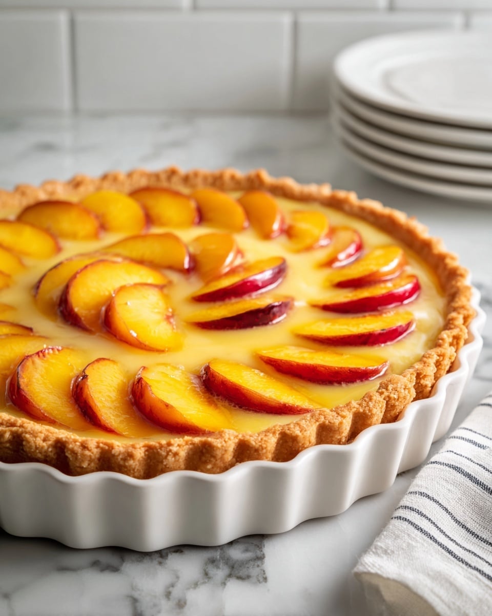 A white ceramic pie dish holds a pie with a golden brown, crimped pastry crust around the edge. Inside, there is a clear, glossy filling with visible peach slices resting on top. The peach slices are thick and have a mix of deep yellow and reddish colors, arranged in a scattered pattern covering the filling. The pie is placed on a smooth white marbled surface with a softly blurred background featuring white subway tiles and a white cloth with black stripes to the right. Photo taken with an iphone --ar 4:5 --v 7