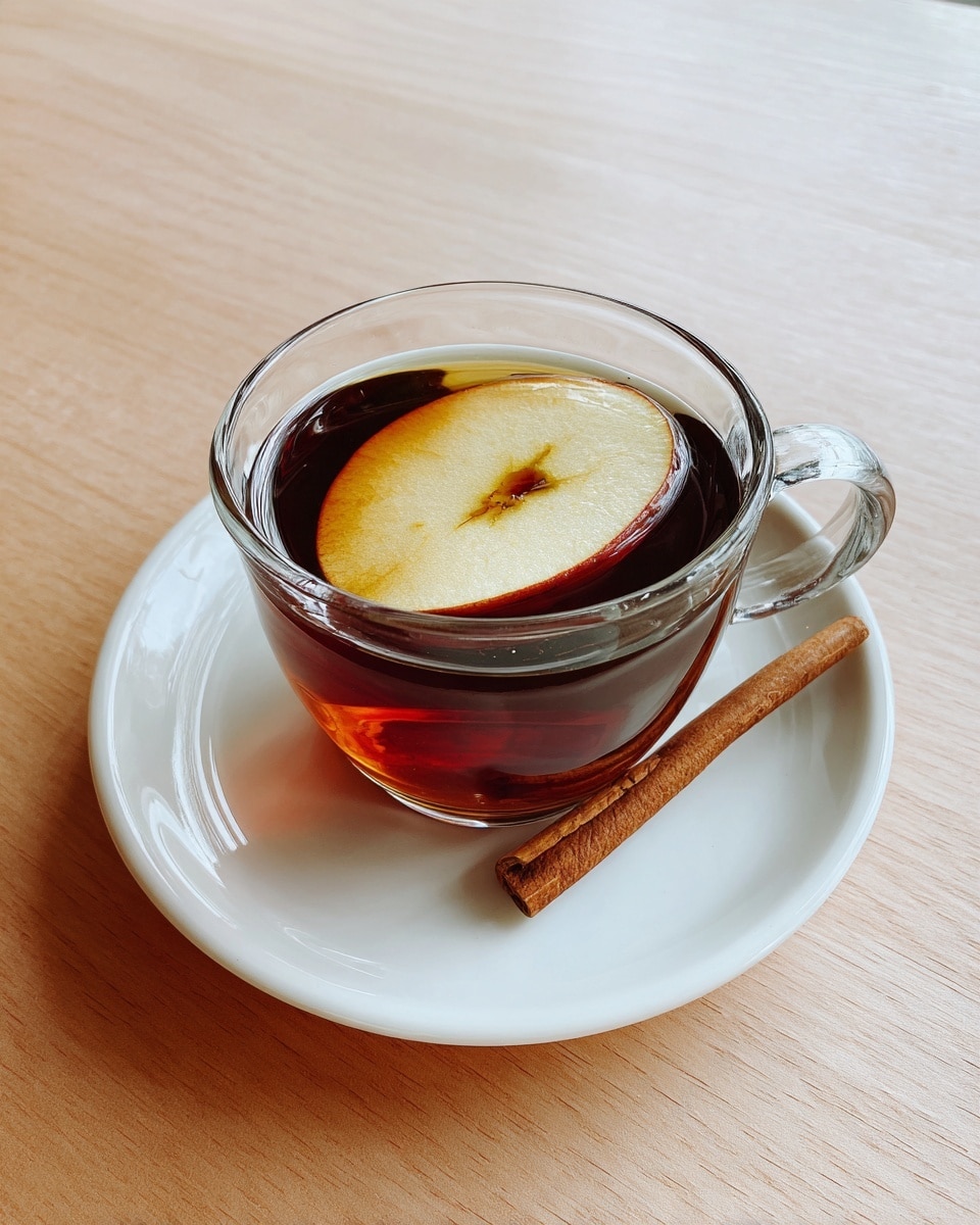 A clear glass cup filled with amber-brown tea, topped with a thin slice of light yellow apple floating on the surface, sits on a plain white saucer with a single cinnamon stick resting diagonally across it, all placed on a white marbled textured surface. photo taken with an iphone --ar 4:5 --v 7