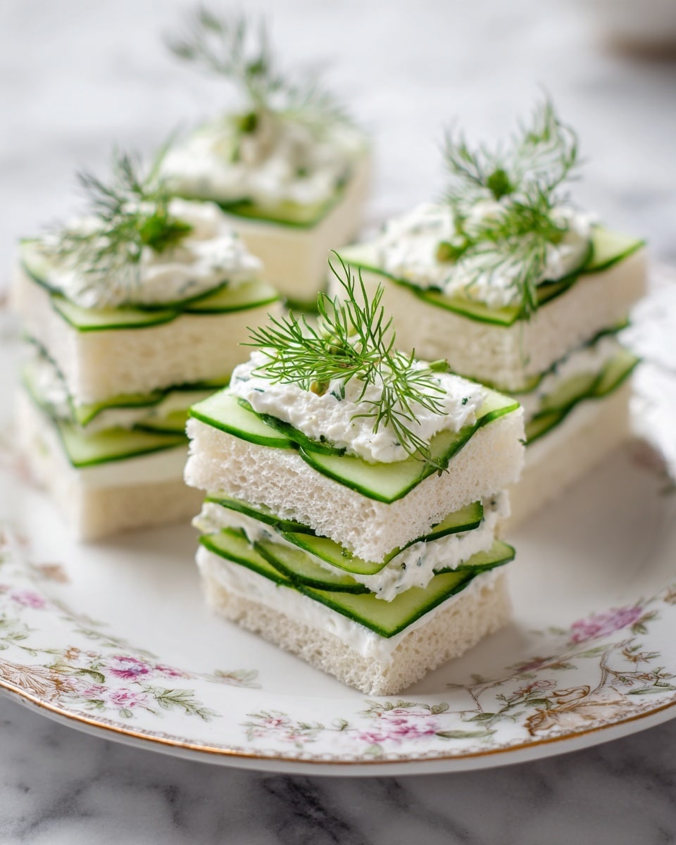 The image shows four small sandwich triangles arranged on a white plate with floral patterns, placed on a white marbled surface. Each sandwich has three layers of soft white bread with a light brown crust, with two layers of white cream cheese mixed with green herbs in between. Thin green cucumber slices are layered between the cream cheese, adding a fresh, crisp texture. Each sandwich is topped with a small sprig of fresh dill. The overall look is clean, fresh, and inviting, with the white and green colors contrasting softly. Photo taken with an iphone --ar 4:5 --v 7