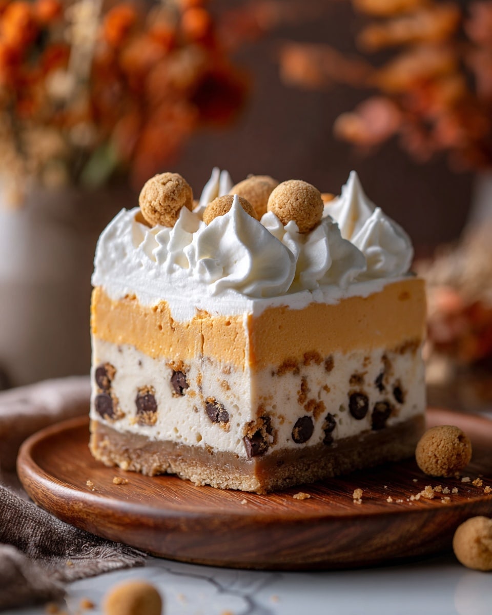 A slice of a multi-layered dessert sits on a wooden board, showing three main layers: the bottom crust is firm and brown, the middle layer is thick with a creamy orange color speckled with chocolate chip cookie dough pieces, and the top layer is a smooth white whipped cream with soft peaks. Small round cookie dough balls decorate the very top edge of the dessert. The background features a blurred brown tone with orange dried flowers, while the surface is a white marbled texture. Photo taken with an iphone --ar 4:5 --v 7