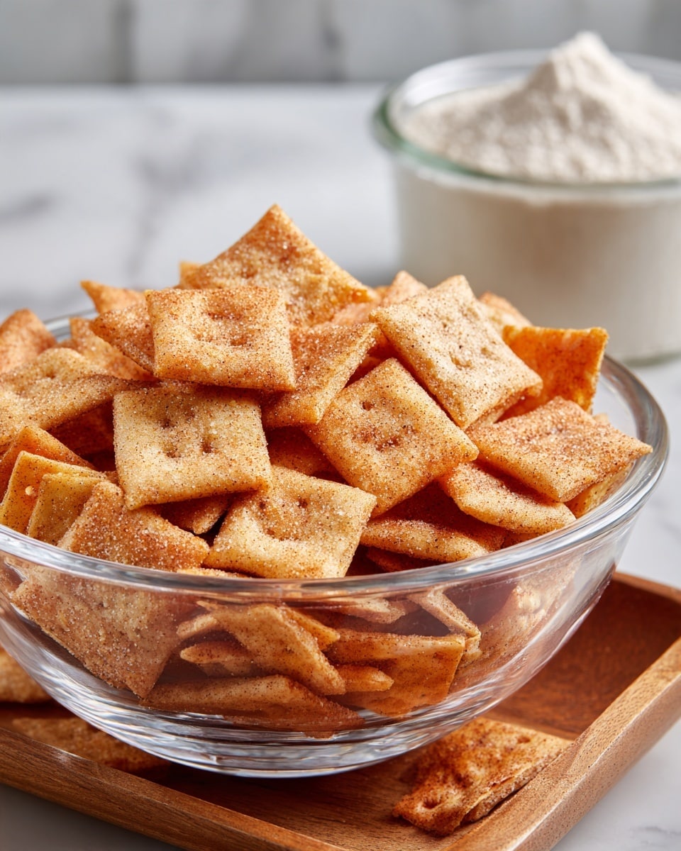 A clear glass bowl filled with many small, square crackers that have a light brown color with a sprinkled sugar and spice coating, giving them a slightly grainy texture. The crackers are piled high inside the bowl, overlapping each other in a loose, casual way. Behind the bowl, there is a blurred container filled with white powder, all set on a wooden tray with a visible grain texture, but the background is changed to a white marbled surface. photo taken with an iphone --ar 4:5 --v 7