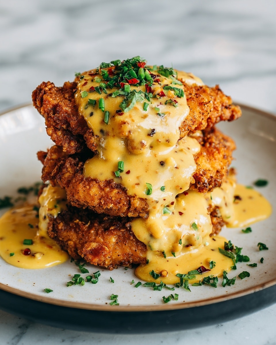 The dish shows three pieces of crispy fried chicken stacked on a white plate, each piece golden brown with a crunchy texture. The chicken is covered with thick, creamy yellow sauce that has small dark specks, draping over the sides and pooling slightly at the bottom. On top and around the chicken, there are scattered fresh green herb leaves adding color contrast. The background features a white marbled texture, creating a clean and bright setting. Photo taken with an iphone --ar 4:5 --v 7