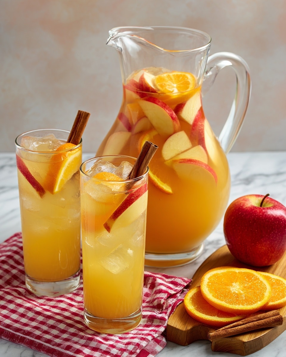 A clear glass pitcher filled with light orange liquid, containing visible slices of orange and apple floating on top and inside; beside it are two tall clear glasses filled with the same orange liquid with ice cubes, each garnished with an orange slice and a cinnamon stick standing upright; the pitcher and glasses are placed on a white marbled surface alongside a few orange slices on a wooden board, a whole red and yellow apple, two cinnamon sticks, and a red and white checkered cloth partially visible in the background; the image is bright and fresh with warm autumn colors. photo taken with an iphone --ar 4:5 --v 7
