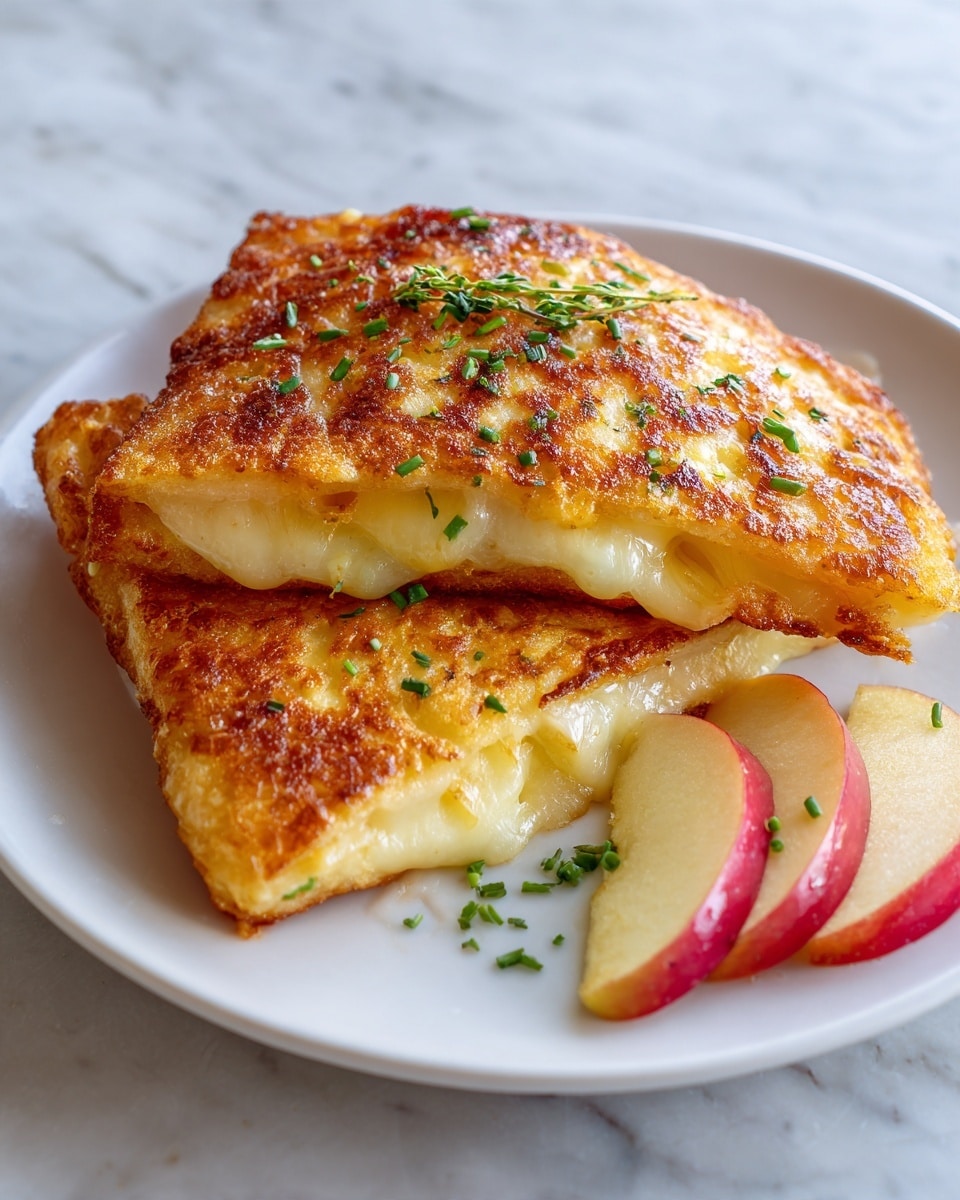 Two golden brown stuffed pastries sit stacked on a white plate, each showing a crispy outer layer with darker toasted spots and sprinkled light green herbs. The filling inside is melted cheese, visible and slightly oozing out from the sides, giving a glossy and rich texture. A few thin slices of red and yellow apple rest neatly at the front edge of the plate. The scene is set against a white marbled surface that adds a clean and bright background to the warm colors of the food. photo taken with an iphone --ar 4:5 --v 7