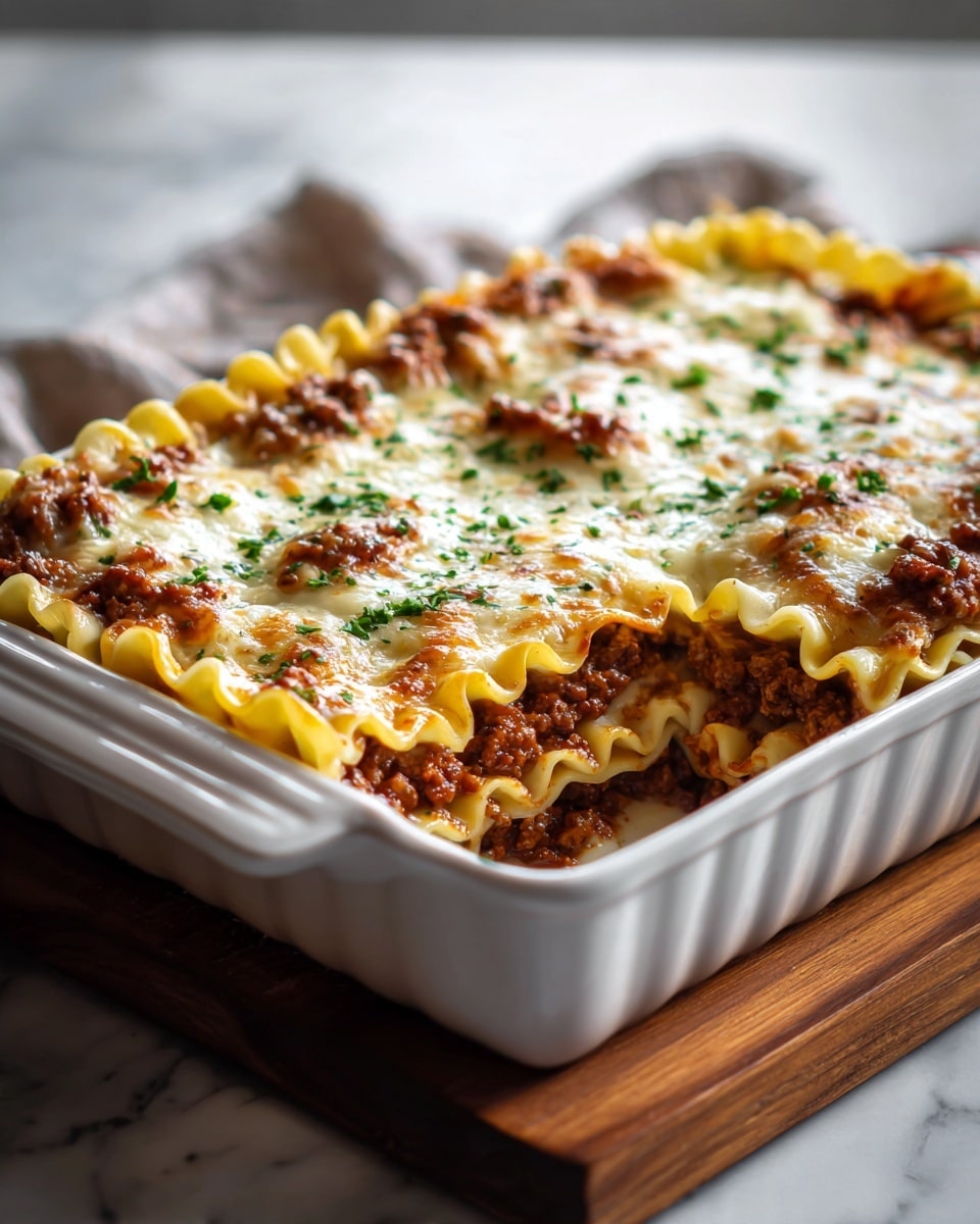 A white rectangular baking dish filled with three visible layers of lasagna, starting with ruffled-edge, light yellow pasta sheets at the bottom, followed by a thick layer of rich brown ground meat sauce, topped with a golden-brown melted cheese layer that shows some bubbling and slight browning. Small green herb bits are sprinkled evenly on top. The dish is placed on a wooden board with a white marbled background that softly blurs out, creating a cozy and warm atmosphere. photo taken with an iphone --ar 4:5 --v 7