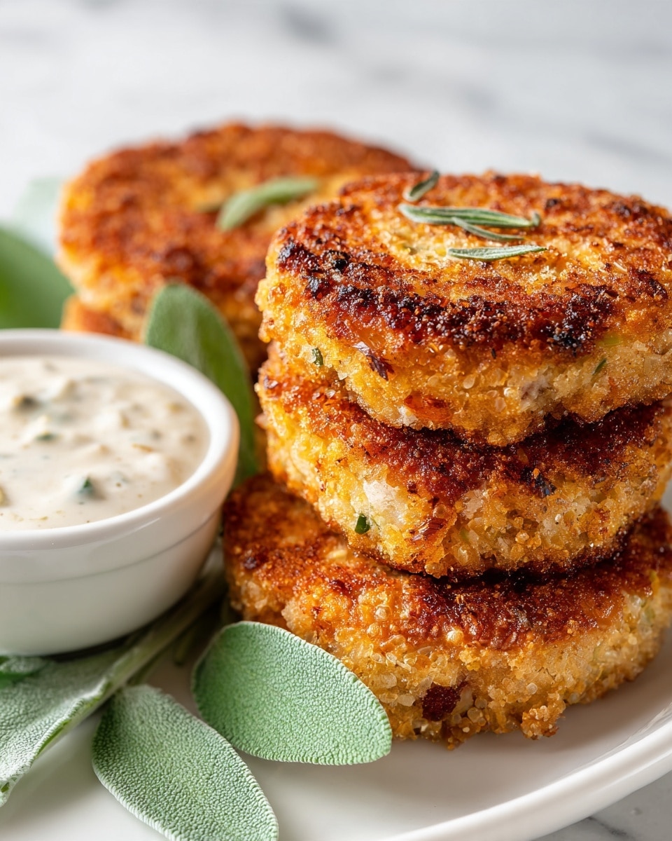 The image shows three golden-brown crispy patties stacked slightly on a white plate with a few green herb leaves placed behind them. Next to the patties, there is a small white bowl filled with a creamy sauce that has visible small green herb pieces mixed in. The patties have a textured, crunchy surface with spots of darker browning and small green bits inside, giving them a homemade look. The background is a white marbled texture. photo taken with an iphone --ar 4:5 --v 7