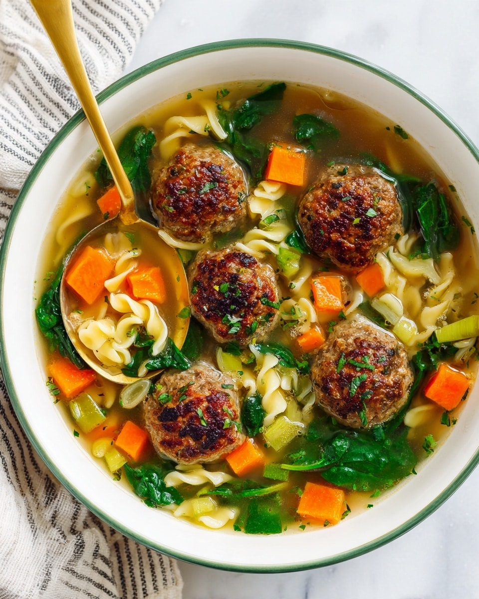 A bowl of soup with four browned meatballs floating on top, surrounded by bright orange carrot cubes, light green celery pieces, dark green spinach leaves, and small pearl-like pasta in a clear broth. A golden spoon rests inside the bowl, holding some soup with vegetables and pasta. The bowl is white with a green interior rim, set on a white marbled surface with a striped cloth nearby. Photo taken with an iphone --ar 4:5 --v 7