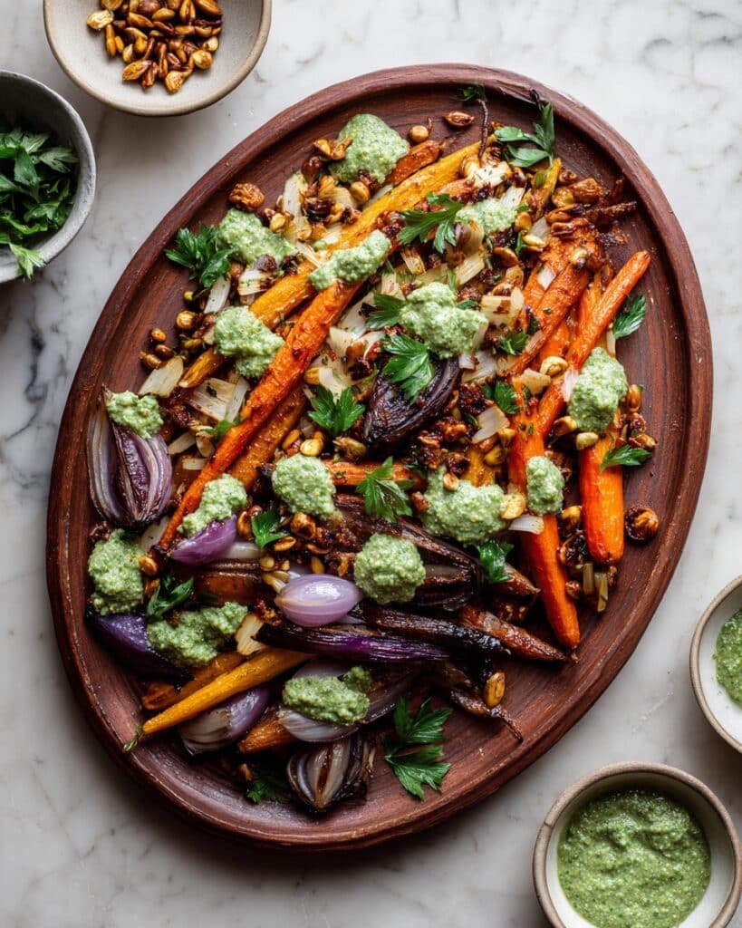 Roasted Carrots and Dates with Pistachio Pesto and Spiced Pepita Topping Recipe