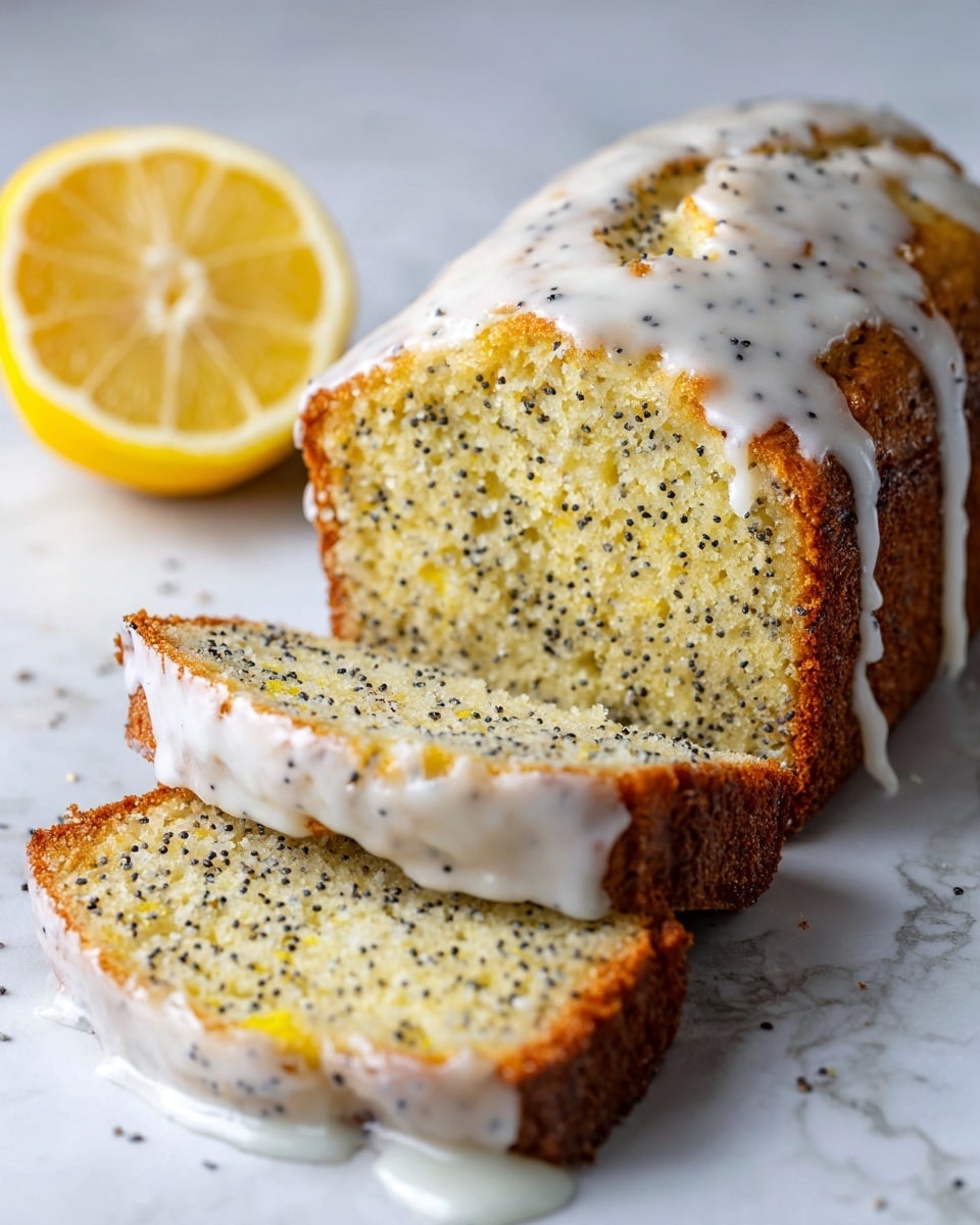 A loaf of lemon poppy seed cake is shown with two slices cut and lying in front of the whole loaf. The cake has one thick layer, pale yellow with small black poppy seeds evenly spread throughout. The top and sides have a glossy, white lemon glaze dripping slightly down the edges. A half lemon with visible juicy segments is placed on the white marbled surface next to the cake. The texture of the cake looks soft and moist with a slightly golden crust on the edges. Photo taken with an iphone --ar 4:5 --v 7