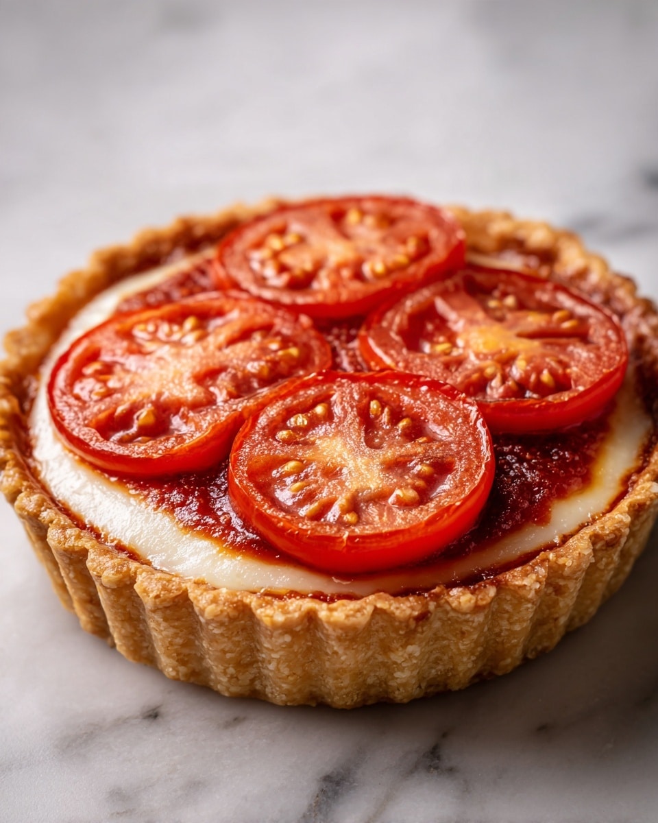 A small pie with one crust layer that is golden-brown and crimped around the edges. Inside, there is a deep red tomato sauce layer covering the whole base. On top of the sauce is a smooth light-yellow cheese layer that is just melted. Seven round slices of bright red tomatoes with a slightly roasted look are evenly placed over the cheese. The pie sits directly on a wooden board. The photo taken with an iphone --ar 4:5 --v 7