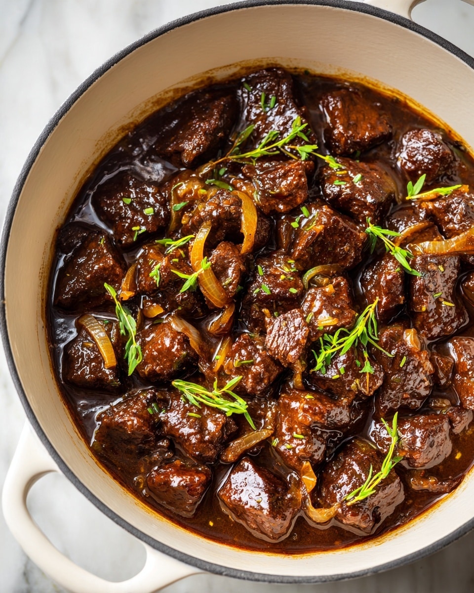 The image shows a white pot filled with a rich stew made of dark brown beef chunks and golden-brown caramelized onion slices mixed in a thick brown sauce. Small green herb sprigs are sprinkled on top, adding a touch of color and freshness. The pot sits on a white marbled surface, with soft natural light highlighting the glossy texture of the sauce and the tender meat pieces. Photo taken with an iphone --ar 4:5 --v 7
