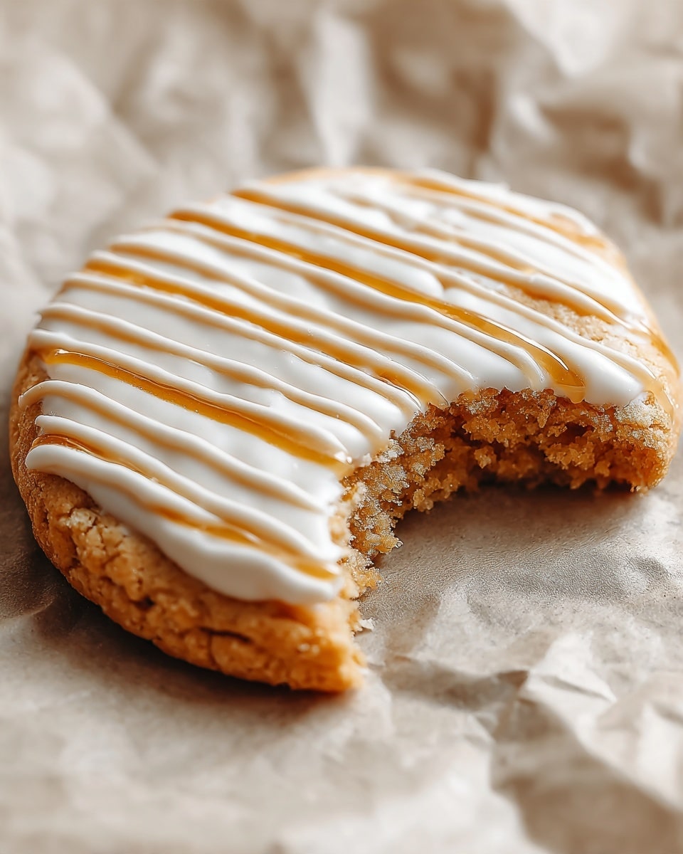 A close-up of a single biscuit with a thick white icing layer on top, covered with evenly spaced thin caramel-colored drizzle stripes. The biscuit has a golden brown color and rough texture with a visible bite taken on the right side, showing its soft inside. The biscuit is placed on a crumpled light brown parchment paper background that resembles a white marbled texture. Photo taken with an iphone --ar 4:5 --v 7