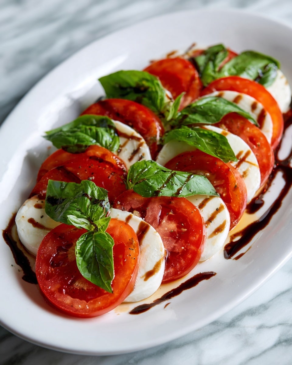 A white oval plate shows neatly stacked layers of a Caprese salad. The base layer has round, white slices of fresh mozzarella cheese. On top of each mozzarella slice sits a bright red slice of ripe tomato. Between these two layers are green basil leaves, adding a fresh touch of color. The whole salad is drizzled with a dark brown, glossy balsamic glaze that contrasts with the creamy white cheese and bright tomato. The plate sits on a white marbled surface. photo taken with an iphone --ar 4:5 --v 7