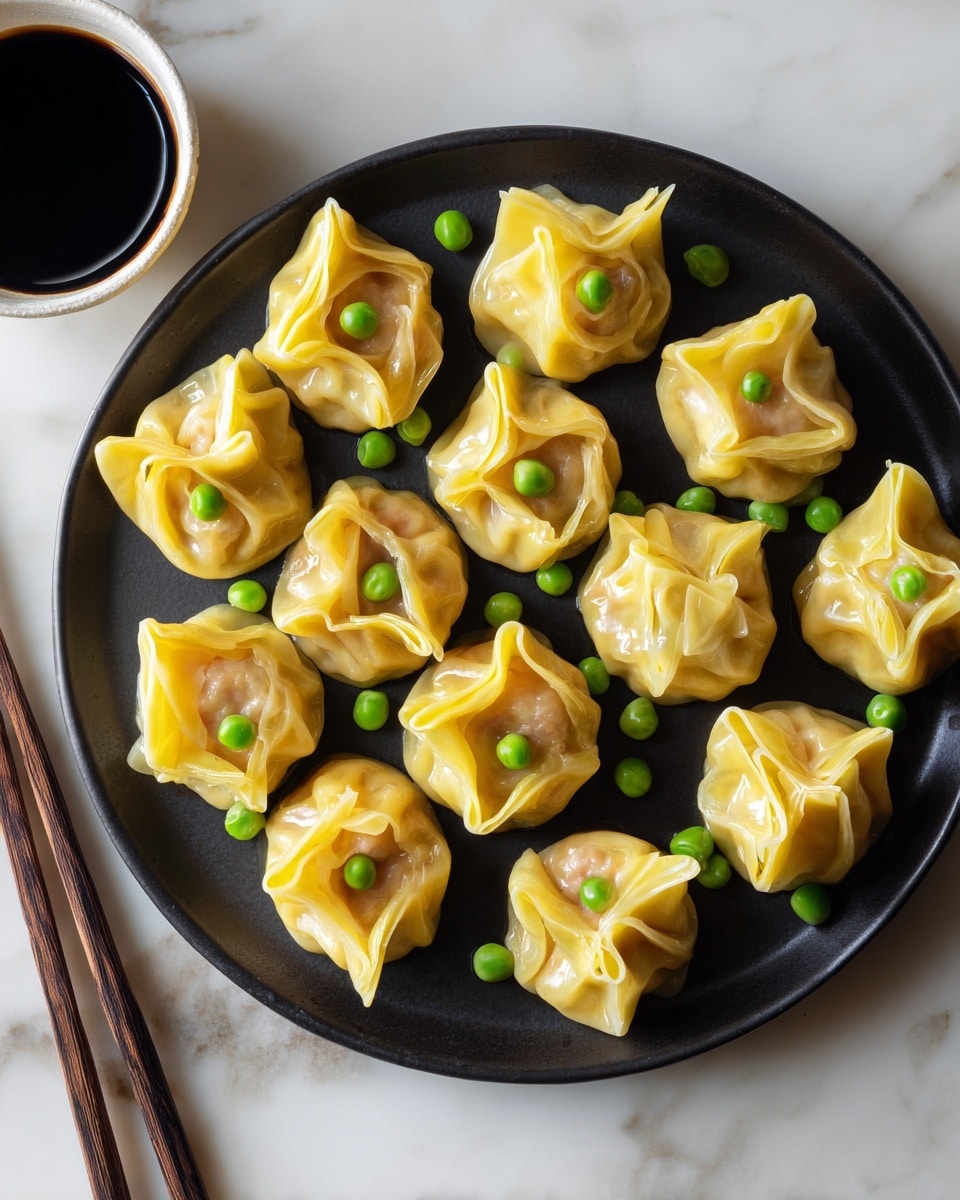 A black plate holds twelve golden-yellow dumplings, each with a shiny, slightly translucent wrapper gathered into neat ruffled folds around a light brown filling. Every dumpling is topped with a single bright green pea at the center, adding a pop of color. The dumplings are arranged in a scattered but balanced way, with some closer to the plate’s edge and others near the center. Behind the plate, on a white marbled surface, a small white bowl containing dark brown soy sauce on the left side and a pair of dark chopsticks resting beside the plate add subtle context to the scene. photo taken with an iphone --ar 4:5 --v 7