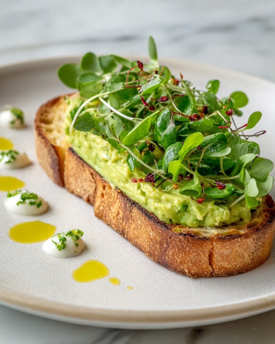 A thick slice of toasted bread with a golden-brown crust is set on a white plate with a white marbled texture. On top of the bread are two layers of creamy, light green spread with a slightly chunky texture. Small fresh green leaves and thin green sprouts cover the top layer, along with a sprinkling of small red flakes. Around the side of the plate are small drops of yellow-green oil with herbs and white creamy dollops. Photo taken with an iphone --ar 4:5 --v 7