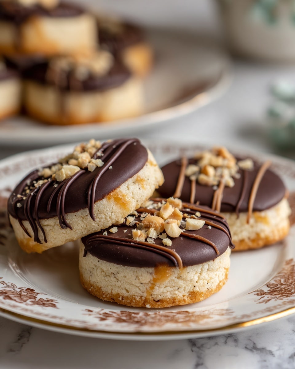 The image shows three round cookies on a white plate with brown floral patterns placed on a white marbled surface. Each cookie has three layers: the bottom layer is dipped in dark brown chocolate, the middle layer is light beige with a soft texture, and the top layer is a golden caramel mixed with chopped nuts. Dark chocolate is drizzled over the top and sides, creating thin vertical lines. In the background, part of the same plate with more cookies is visible but blurred. Photo taken with an iphone --ar 4:5 --v 7