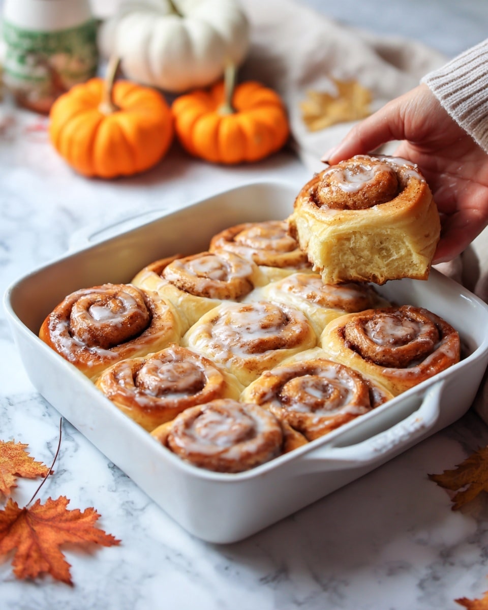 A white rectangular baking dish filled with several golden-brown cinnamon rolls that show swirls of cinnamon and sugar. On the upper right, a woman's hand is gently lifting one cinnamon roll, highlighting its soft and fluffy texture with a slightly shiny glaze on top. In the background, there are small orange pumpkins and autumn leaves, adding a warm, cozy fall vibe. The whole scene is set on a white marbled surface. photo taken with an iphone --ar 4:5 --v 7