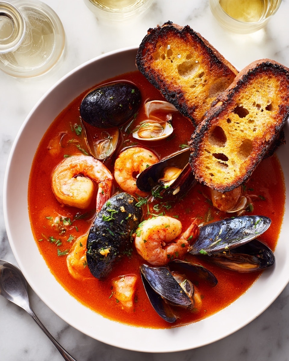 A bowl filled with a rich red tomato-based seafood soup showing layers of large white scallops scattered around, orange-pink shrimp with curved tails, dark blue mussels, and white clams with hints of purple on the shells, all garnished with small green herb pieces in the broth. On one side of the bowl, two pieces of golden toasted bread with a crispy texture sit partially on the soup, showing a crunchy surface with some holes. The bowl is white with a smooth round edge, set on a white marbled surface. Nearby are glasses with light yellow liquid and a bottle partly visible with a white label. photo taken with an iphone --ar 4:5 --v 7
