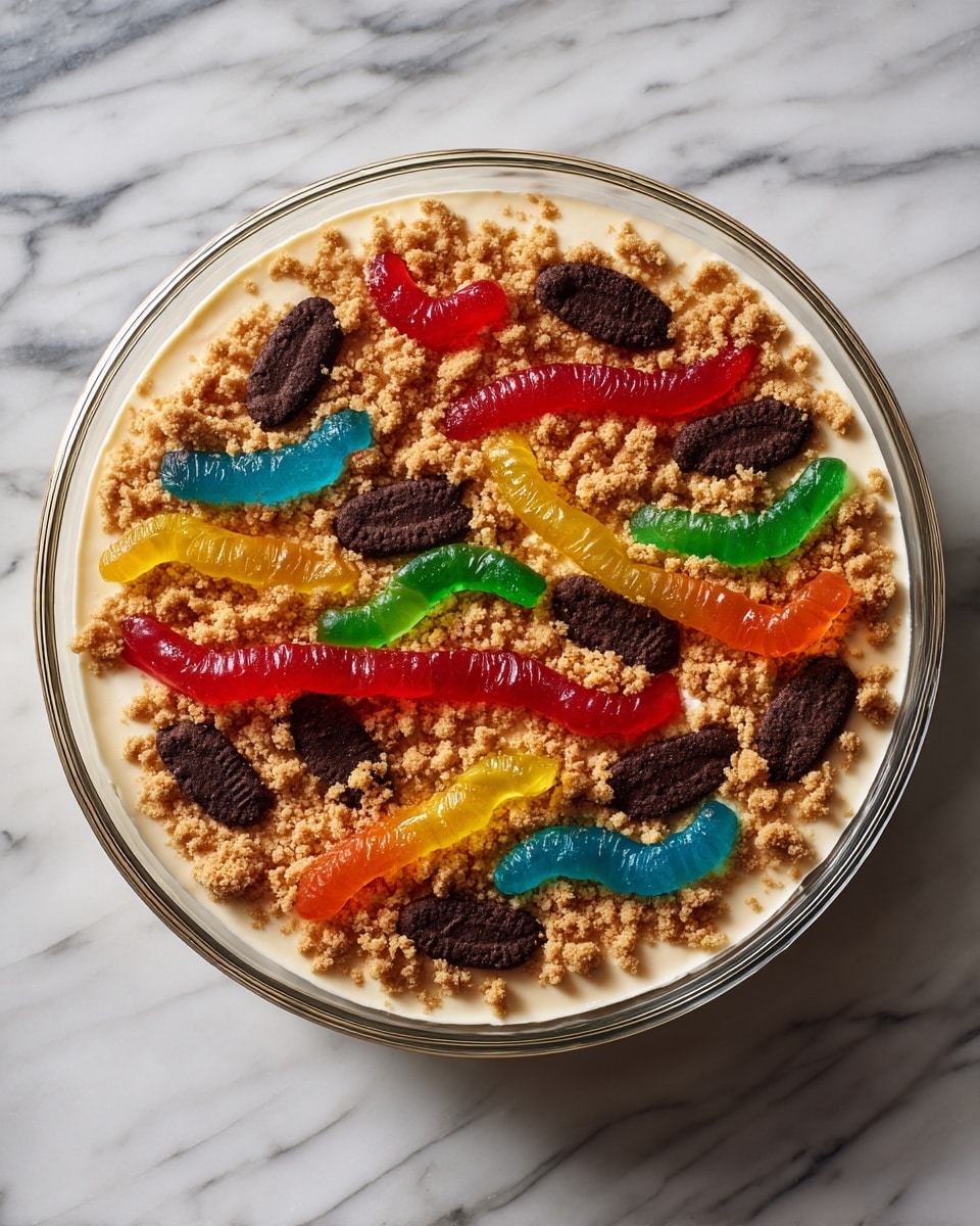 This dessert has three main layers visible from the top: the bottom cream layer is light brown and smooth, covering the whole round glass dish; the middle layer consists of two thick horizontal lines of dark brown crumbly chocolate crumbs with a gap in the center; inside this gap is the top layer made of colorful gummy worms spread out across the cream, with bright red, yellow, green, orange, and blue colors. Around the edge of the dish is a border of broken dark chocolate pieces mixed with more crumbs, giving a rough texture. The dessert is placed on a white marbled surface. photo taken with an iphone --ar 4:5 --v 7