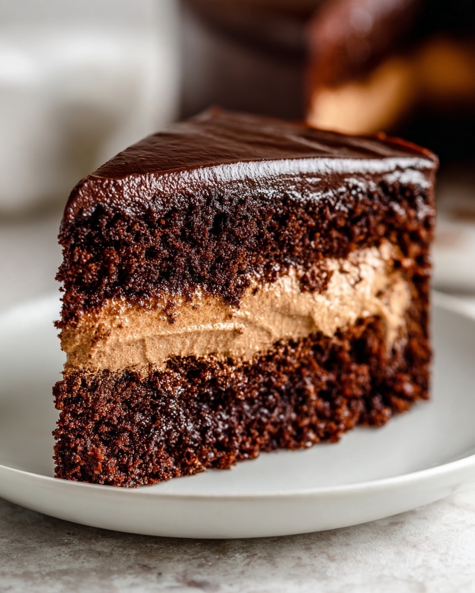 A close-up image of a three-layer chocolate cake slice on a white plate with a white marbled background. The bottom and top layers are dark, moist chocolate cake with a dense, slightly crumbly texture. The middle layer is a lighter, fluffy chocolate mousse with a smooth but airy texture. The top is covered with a glossy, thick chocolate ganache that is shiny and smooth, creating a rich finish. The layers are even and cleanly cut, showing clear contrast between the dark cake and lighter mousse. photo taken with an iphone --ar 4:5 --v 7