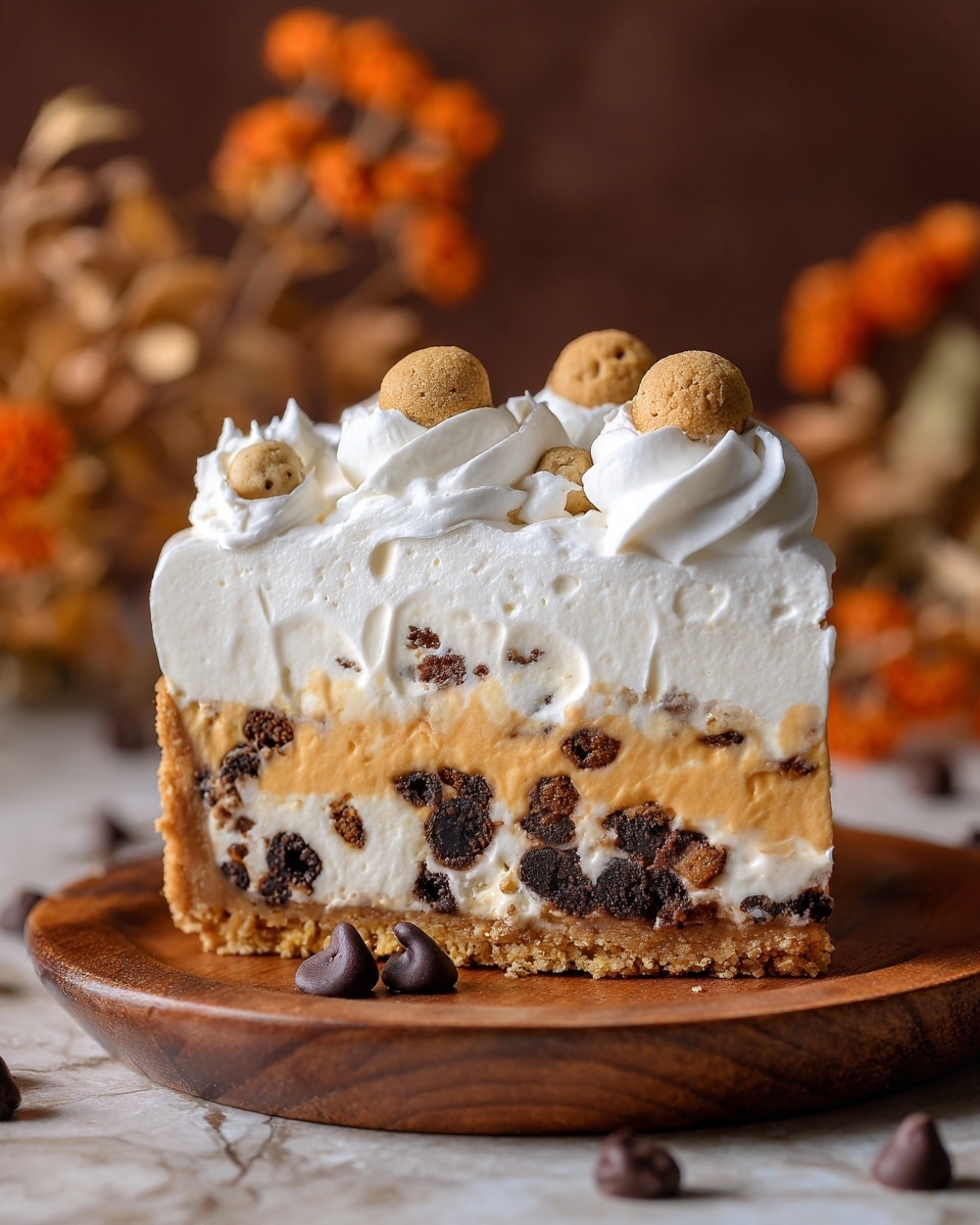 This image shows a tall slice of cheesecake on a wooden board with a white marbled texture. The cheesecake has three layers: the bottom is a thin, crumbly brown crust; the middle layer is thick and orange-colored with visible chunks of chocolate chip cookie dough inside; the top layer is a thick, fluffy white cream with soft peaks. Around the edge of the top cream, there are small, round dough balls with chocolate chips. The white marbled texture surface is blurred in the background. Photo taken with an iphone --ar 4:5 --v 7