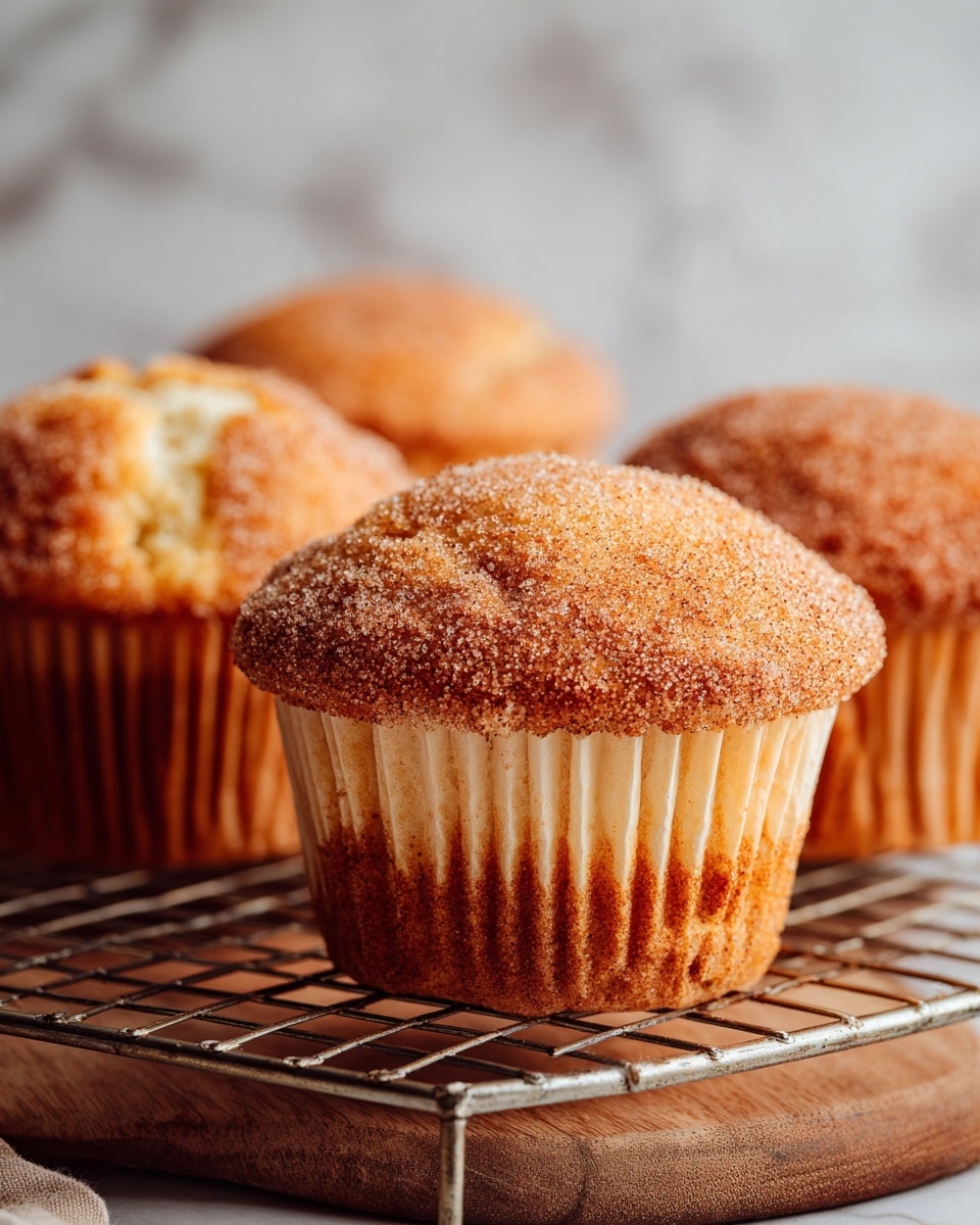 A close-up view of four cinnamon sugar muffins on a white marbled surface; the focus is on one muffin in the front with its paper wrapper peeled back, showing a soft, golden-brown interior with a slightly crumbly texture, topped with a layer of cinnamon sugar that creates a rough, sparkling crust. The muffins in the background are whole with the same textured cinnamon sugar tops. A striped cloth is partly visible beneath the muffins, and the setting has a warm, brown blurred background. photo taken with an iphone --ar 4:5 --v 7