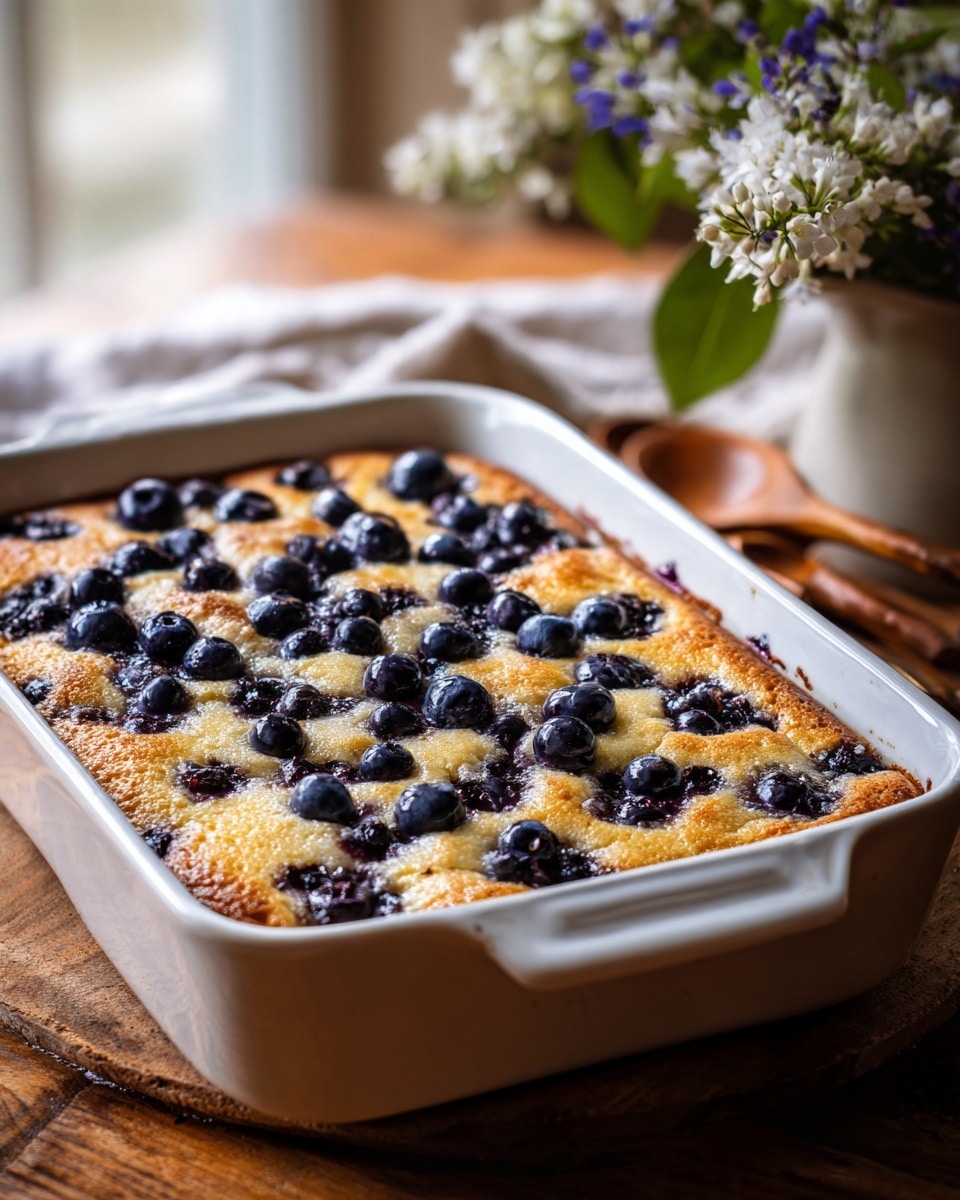A rectangular white baking dish filled with a golden-brown baked dessert topped with scattered dark purple blueberries. The top layer is uneven with lightly browned, slightly puffy areas surrounding the blueberries, which look juicy and baked into the surface. The dish is on a wooden board, and part of a vase with light green and purple flowers is blurred in the background. The surface beneath the dish has a white marbled texture. photo taken with an iphone --ar 4:5 --v 7