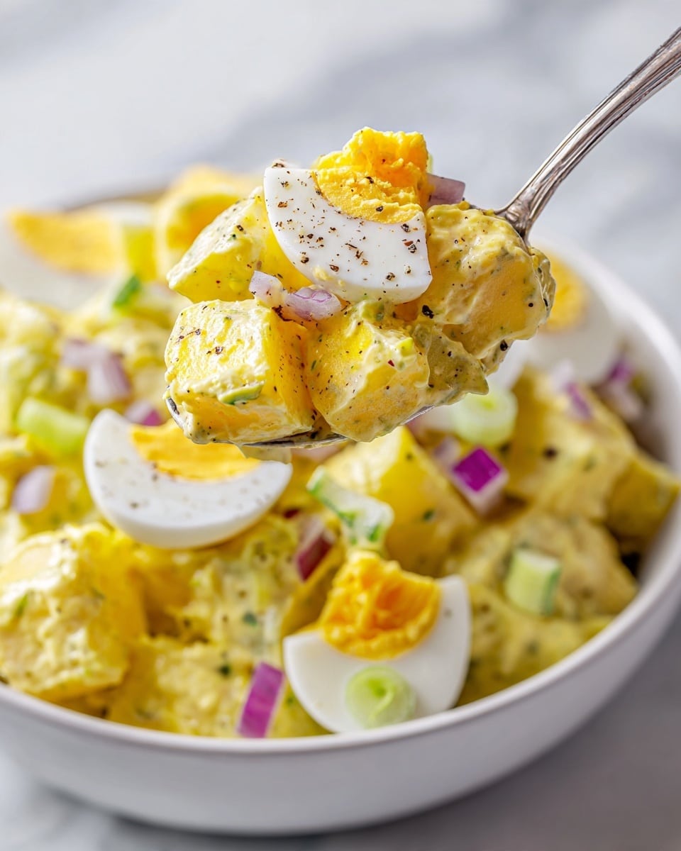 A close-up view of a spoonful of creamy yellow potato salad, showing two layers: the first layer is chunky, yellow potato pieces covered in a creamy, mustard-yellow dressing dotted with black pepper; the second layer includes visibly cut white hard-boiled egg pieces with bright yellow yolks, light green celery slices, and small bits of purple onion, all mixed together. The background shows more of the salad in a white bowl, placed on a white marbled surface, with soft lighting enhancing the textures and colors. photo taken with an iphone --ar 4:5 --v 7