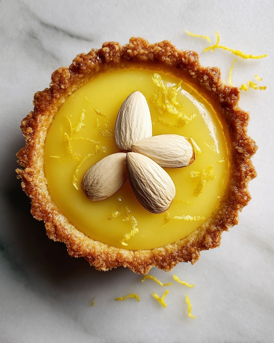 A small tart with one layer of golden brown, crumbly crust forming a cup shape, filled with a smooth, shiny yellow lemon filling, topped with two whole white almonds placed crossed in the center, scattered with fine yellow lemon zest threads, all set on a white marbled textured surface. photo taken with an iphone --ar 4:5 --v 7