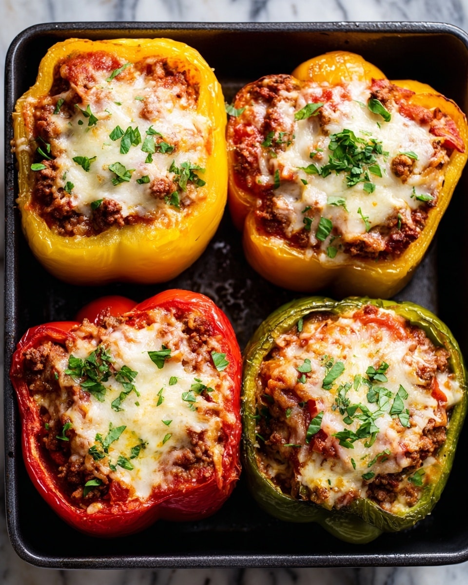 Four stuffed bell peppers sit closely in a black tray on a white marbled surface. Each pepper is halved and hollowed, holding layers of cooked ground meat mixed with red tomato sauce and finely diced vegetables. On top, a generous layer of melted cheese is golden and bubbly with browned spots, sprinkled with fresh green chopped herbs. Two peppers are yellow, one red, and one green, showing bright, smooth skin and a juicy, tender texture. The stuffing is slightly overflowing from the peppers, giving a hearty and rich look. photo taken with an iphone --ar 4:5 --v 7