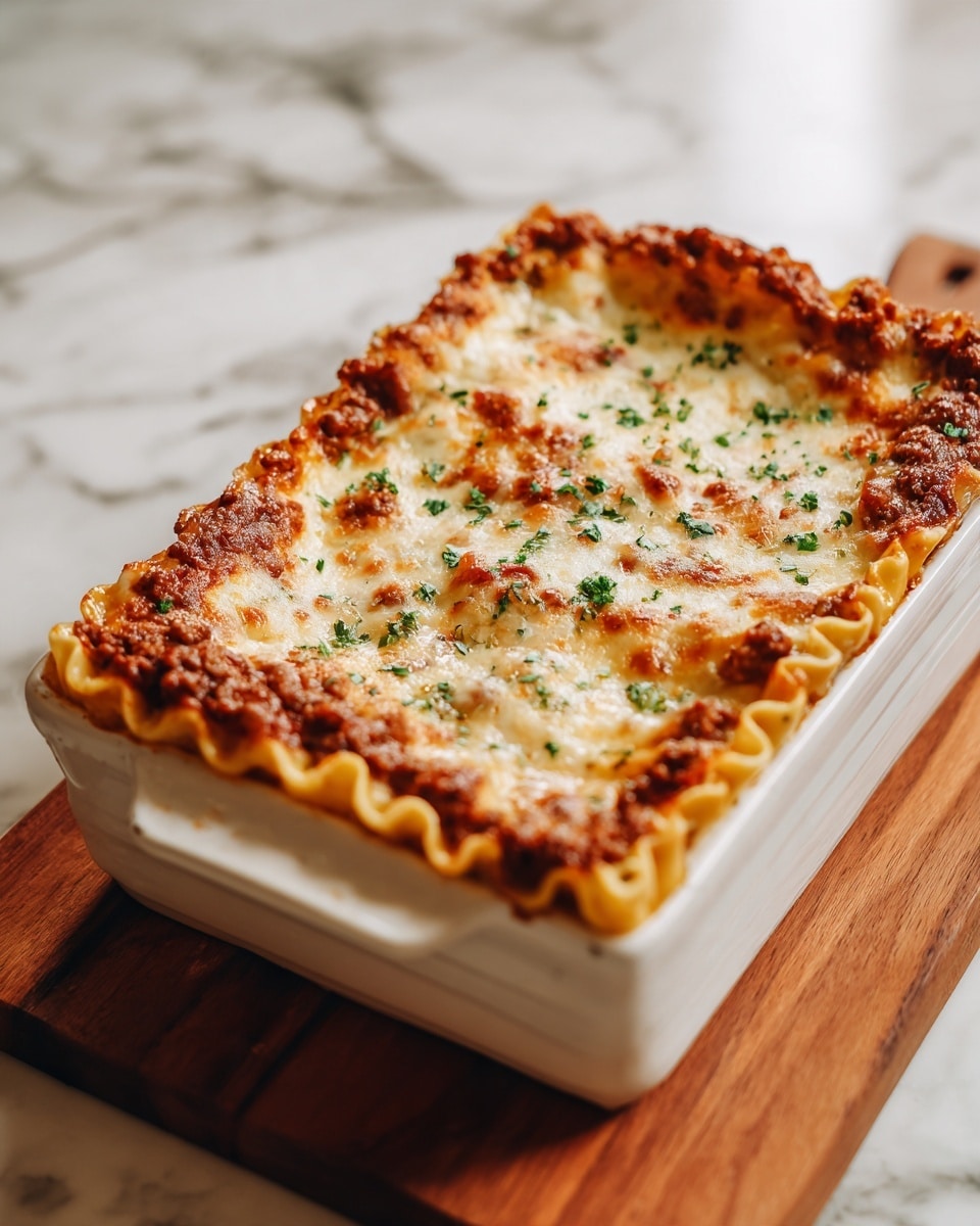 A white rectangular baking dish filled with three visible layers of lasagna is shown on a white marbled surface. The bottom layer consists of ruffled yellow pasta sheets peeking out along the sides. Above this is a thick layer of cooked ground meat in brown sauce, evenly spread. The top layer is golden, melted cheese with brown spots, covering the meat and sprinkled with fresh green herbs. The lasagna looks hot and bubbly, with a slightly crisp edge along the dish. Photo taken with an iphone --ar 4:5 --v 7