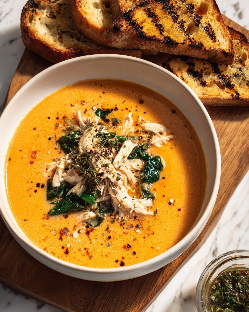 A white bowl filled with smooth, thick orange soup with a glossy surface, topped with light beige shredded chicken pieces scattered in the center, fresh green spinach leaves and small green herb sprigs, all sprinkled with coarse black pepper bits. In the background, there are slices of grilled bread with a golden brown crust resting on a wooden board, and a small glass bowl of chopped green herbs on a white marbled surface. photo taken with an iphone --ar 4:5 --v 7