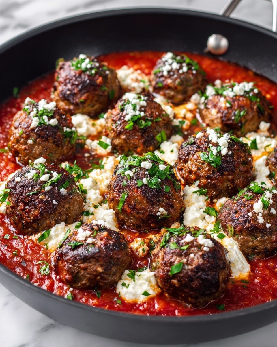 A black pan filled with around ten browned meatballs with a rough, slightly charred texture on top, sitting on a thick, bright red tomato sauce base with a slightly chunky texture; dollops of white creamy ricotta cheese are spread evenly on top of the meatballs and sauce, each topped with small green parsley leaves scattered over all the layers, along with a sprinkling of fine white grated cheese adding a crumbly texture. The pan rests on a white marbled surface. Photo taken with an iphone --ar 4:5 --v 7