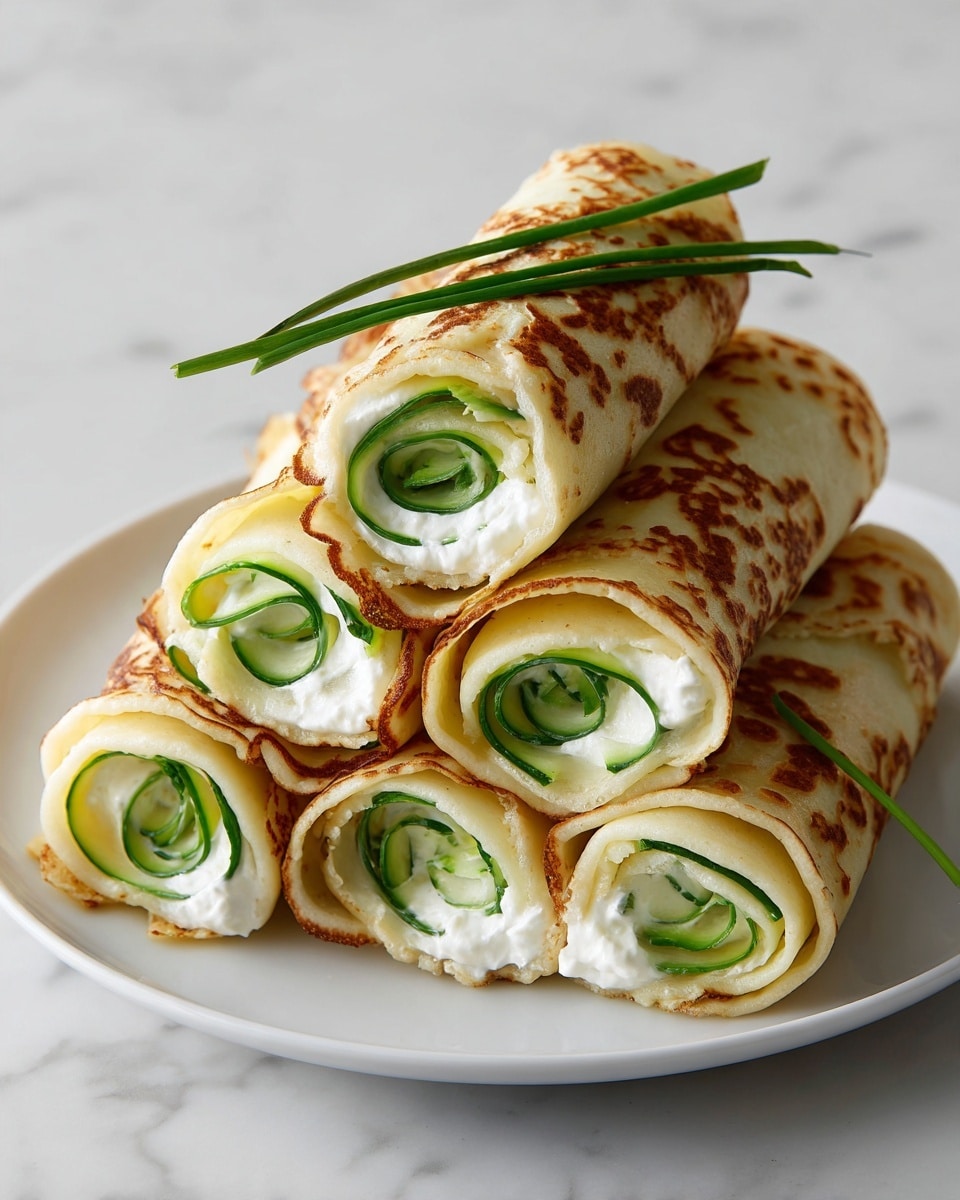 The image shows six rolled-up crepes stacked in a pyramid shape on a white plate, placed on a white marbled surface. Each roll has three visible layers: the outer layer is a thin, light golden-brown crepe with some darker browned spots; inside is a smooth white cream cheese layer, and the innermost layer is fresh, bright green cucumber slices spiraled around the center. A few small green chive stems stick out from the top of the rolls, adding a touch of color and texture contrast. photo taken with an iphone --ar 4:5 --v 7