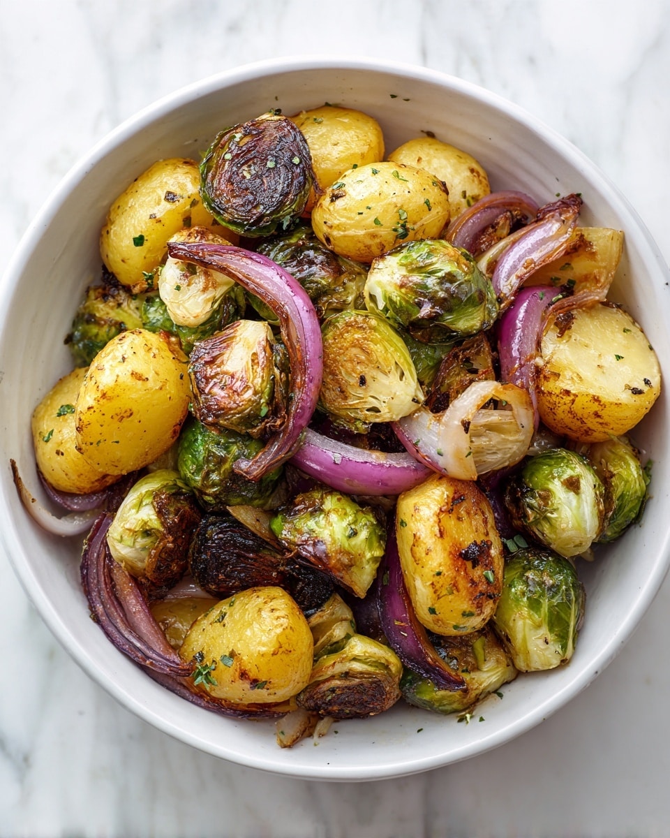 The image shows a white bowl filled with maple Dijon roasted vegetables. Inside the bowl, there are golden-brown roasted potato halves with a crispy texture, mixed with roasted Brussels sprouts that show some charred edges in green and brown colors. Thin slices of red onion with a slightly translucent and soft look are scattered among the vegetables. The bowl sits on a white marbled surface, creating a clean and bright background. photo taken with an iphone --ar 4:5 --v 7