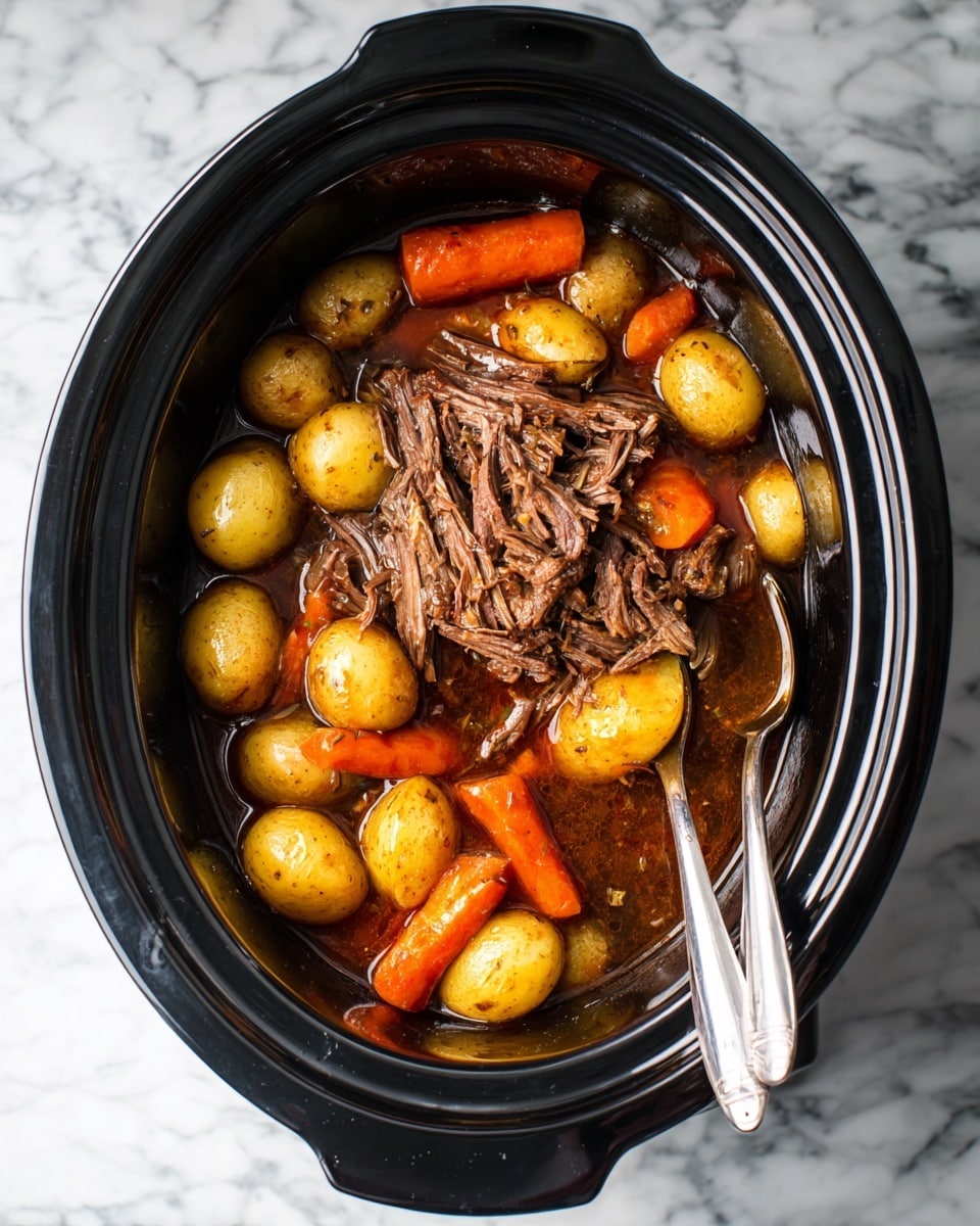 This image shows a slow cooker filled with a layer of whole and cut baby potatoes and large chunks of carrots in warm brown broth, topped with a thick layer of shredded beef in the center. The beef layer has a fibrous texture from being pulled apart with two shiny silver forks resting at the bottom right side. The slow cooker’s black interior contrasts with the food inside. The background surface is a white marbled texture photo taken with an iphone --ar 4:5 --v 7