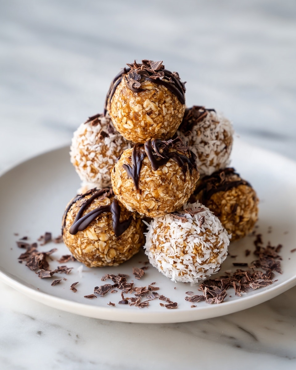 The image shows a small pile of five round oat balls stacked neatly on a white plate, each ball having a rough texture from the oats and a golden-brown color. Some of the balls have a shiny layer of melted dark chocolate drizzled unevenly on top, while others are coated with white flakes that look like coconut. Dark chocolate shavings are sprinkled generously over the top and around the plate, adding contrast to the light oat color. The plate sits on a white marbled surface, and soft natural light highlights the detailed textures and warm tones of the oat balls. Photo taken with an iphone --ar 4:5 --v 7